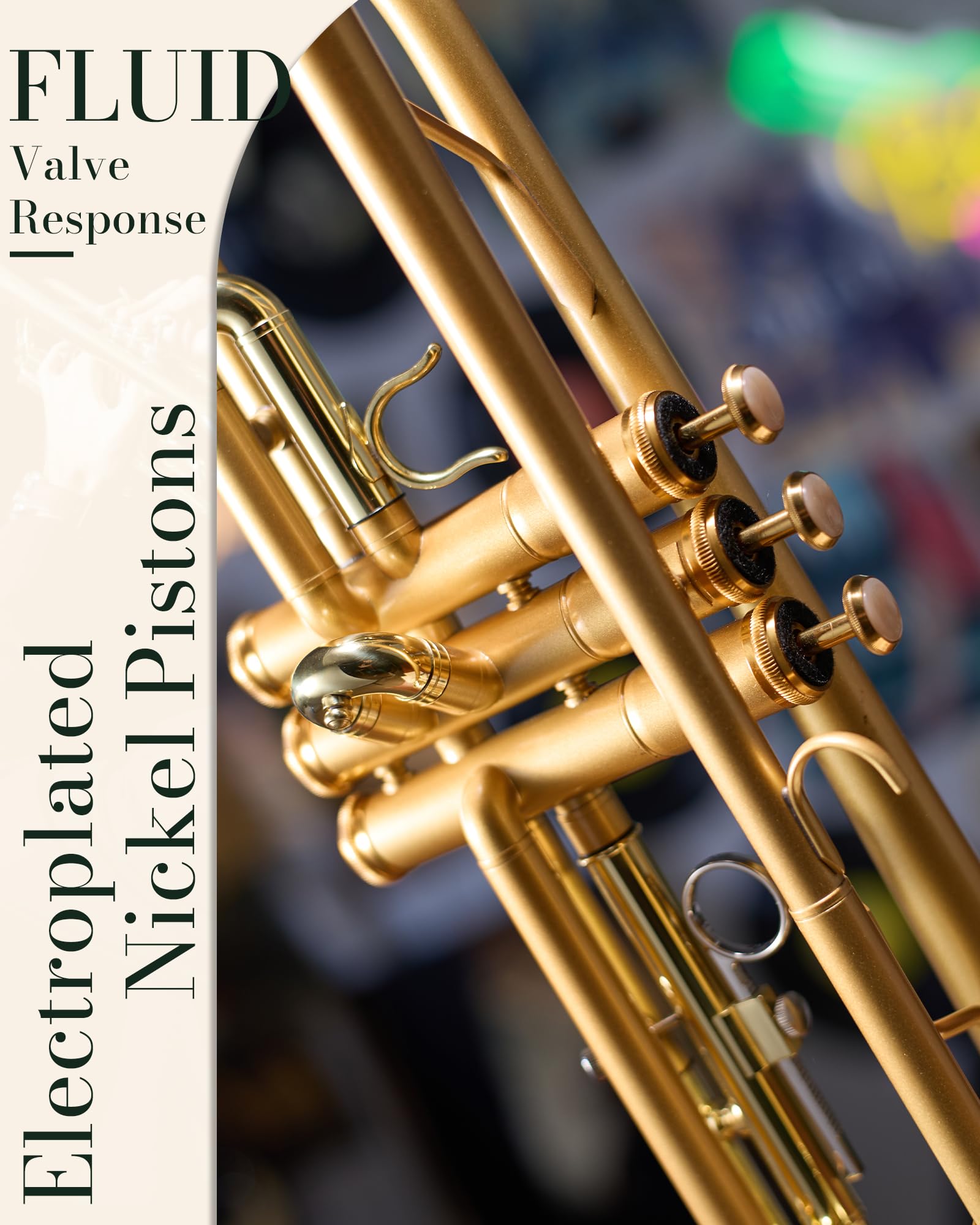 Aklot Weighted Leadpipe Bb Trumpet: Electroplated Nickel Pistons, Brushed Matte Gold, Leather Finger Guard, Weighted And Standar