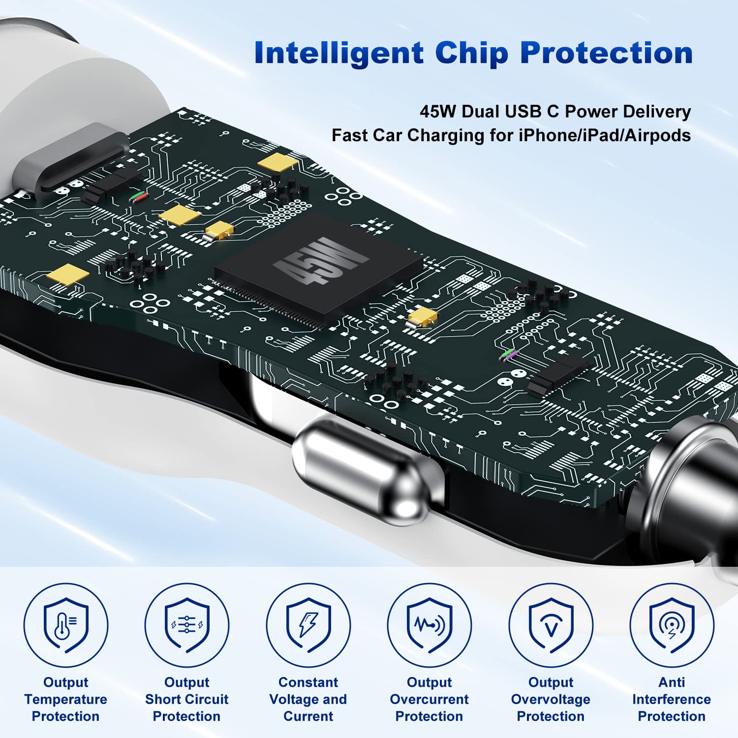 For Iphone 14 13 Car Charger,[Mfi Certified]45W Dual Port Usb C Rapid For Apple Car Adapter With 3Ft Type C To Lightning Cable F