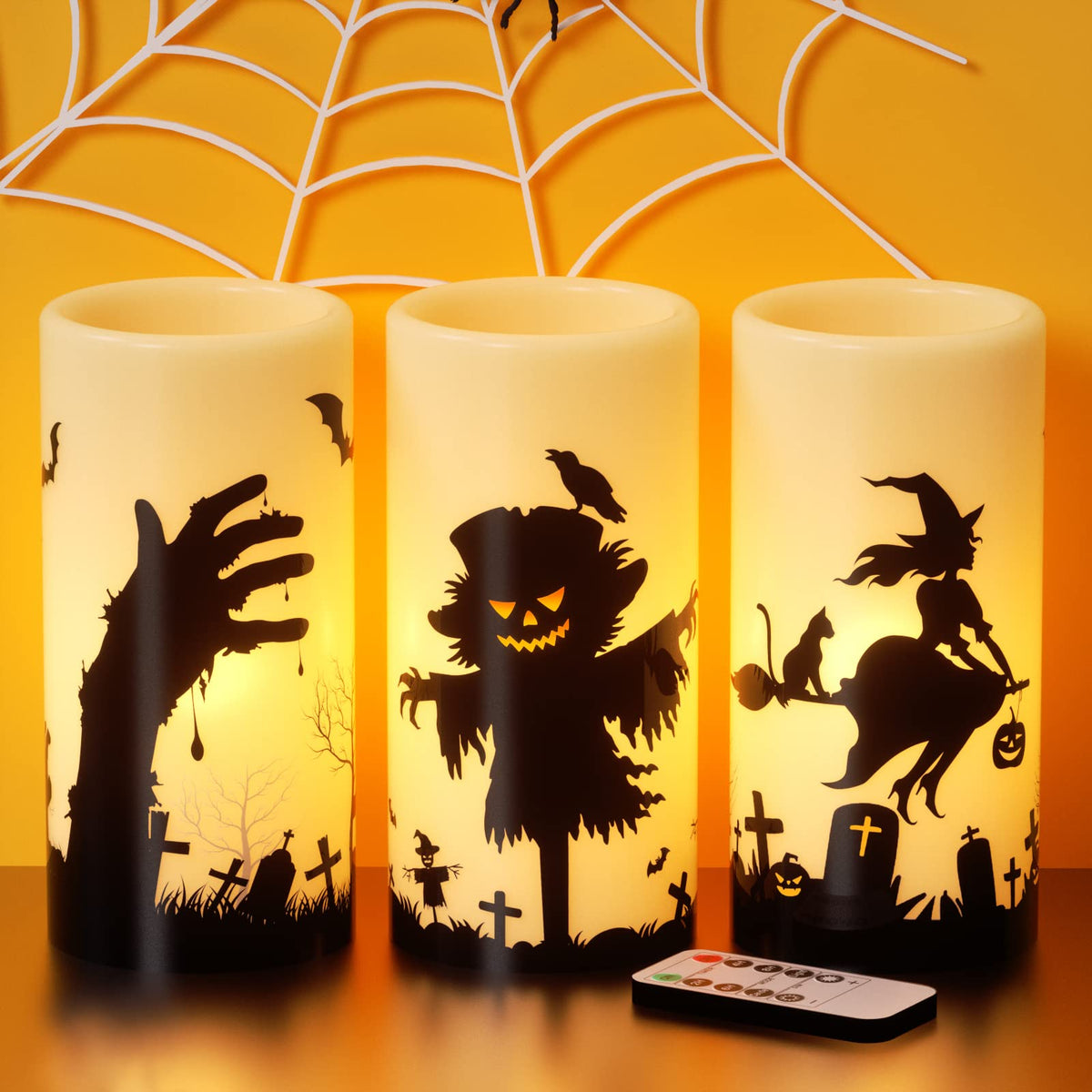 Dromance Halloween Led Flameless Pillar Candles Battery Operated Remote And Timer Real Wax Yellow Light Flickering Scarecrow Wit