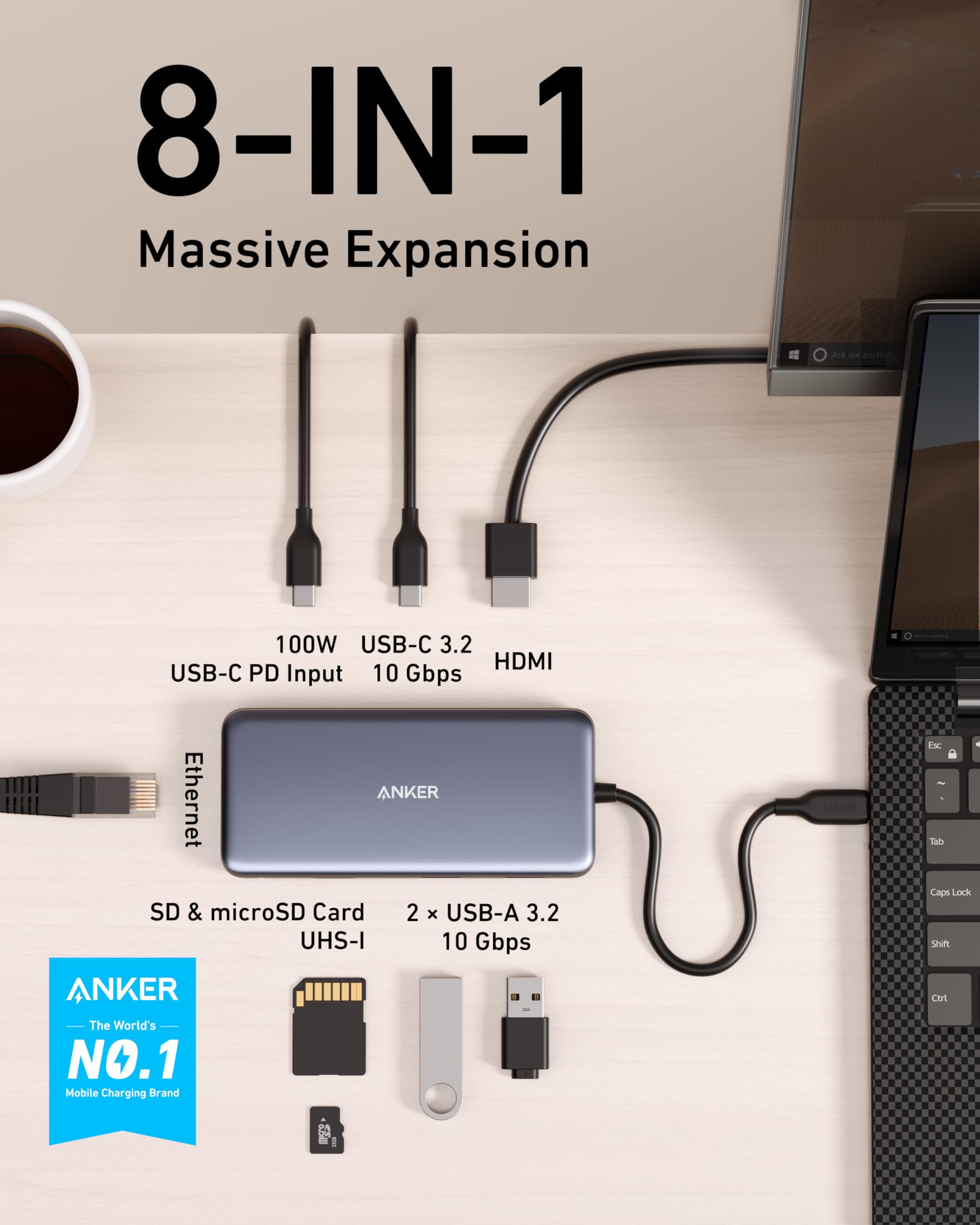 Anker 555 Usb C Hub (8 In 1), With 100W Power Delivery, 4K 60Hz Hdmi Port, 10Gbps Usb C And 2 A Data Ports, Ethernet Microsd Sd