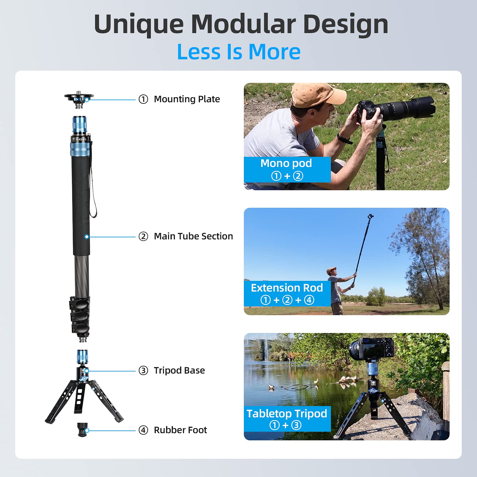 Sirui P-424Fl Monopod For Cameras, 75 Carbon Fiber Monopod With Feet, Portable & Lightweight, Max Load 26Lbs/12Kg, 4 Sections, 3