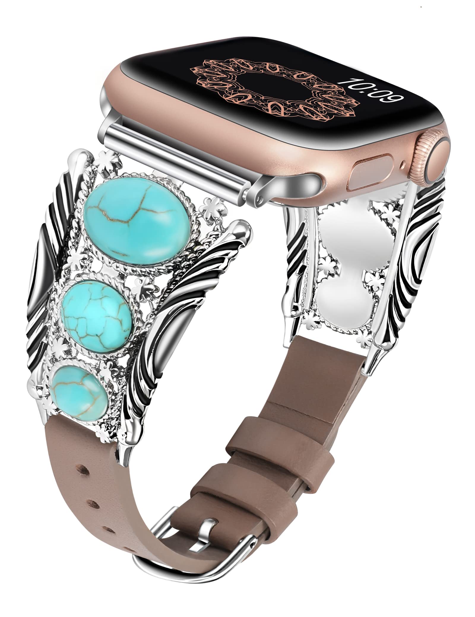 Minyee Leather Band Compatible With Apple Watch Band Women 38/40/41/42/44/45/49Mm, Turquoise Western Vintage Boho Ethnic Antique