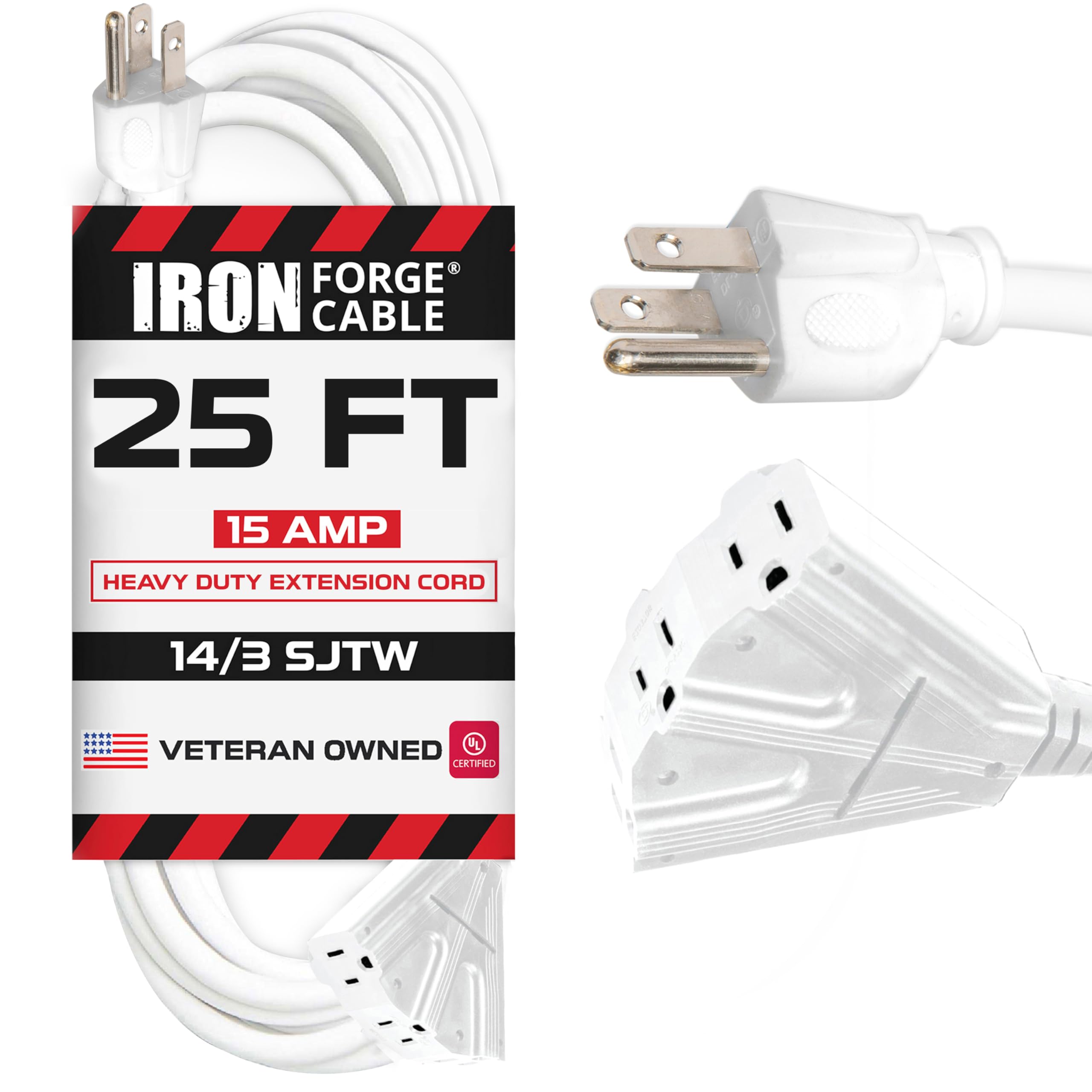Iron Forge Cable 15 Amp Heavy Duty Extension Cord 25 Ft 3 Outlet, Sjtw 14 Gauge With Multiple Outlets 3 Prong, Weatherproof Whit