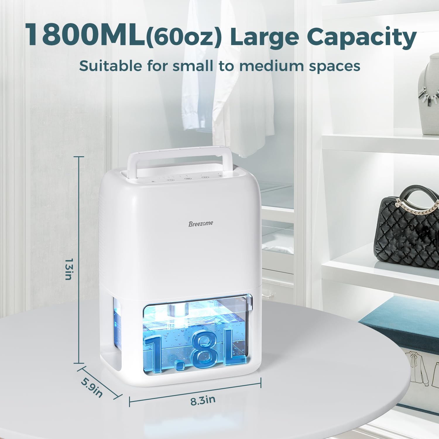 BREEZOME 60 OZ Dehumidifier, Large White Quiet Dual-Semiconductor, Timer & Auto-Off, Portable for Home, RV, Model MCS008