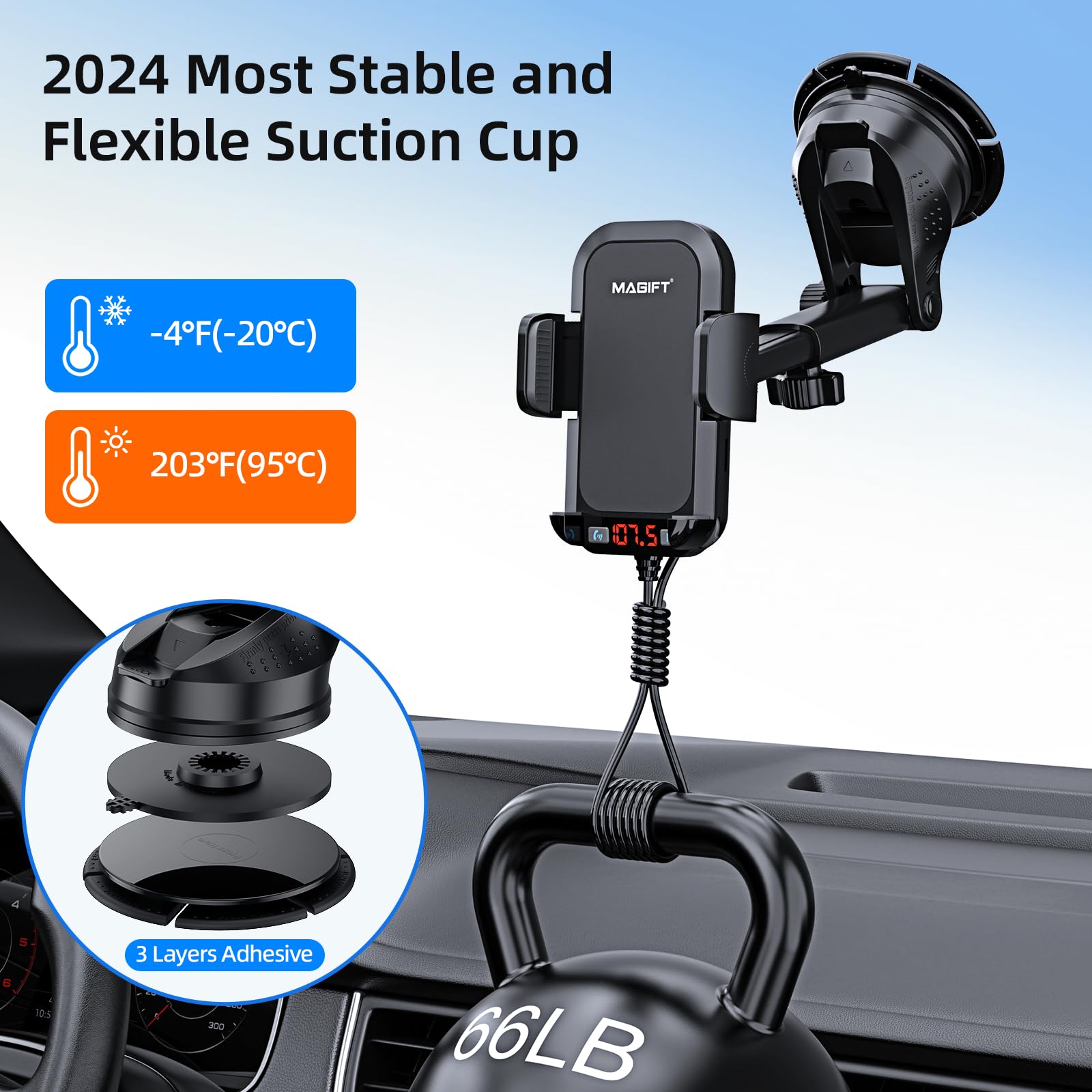 54W Bluetooth 5.3 Fm Transmitter Car Adapter With Phone Holder 3 In 1, Hifi Bass Sound, Hands Free Calling, 36W Pd, Qc 18W Suppo