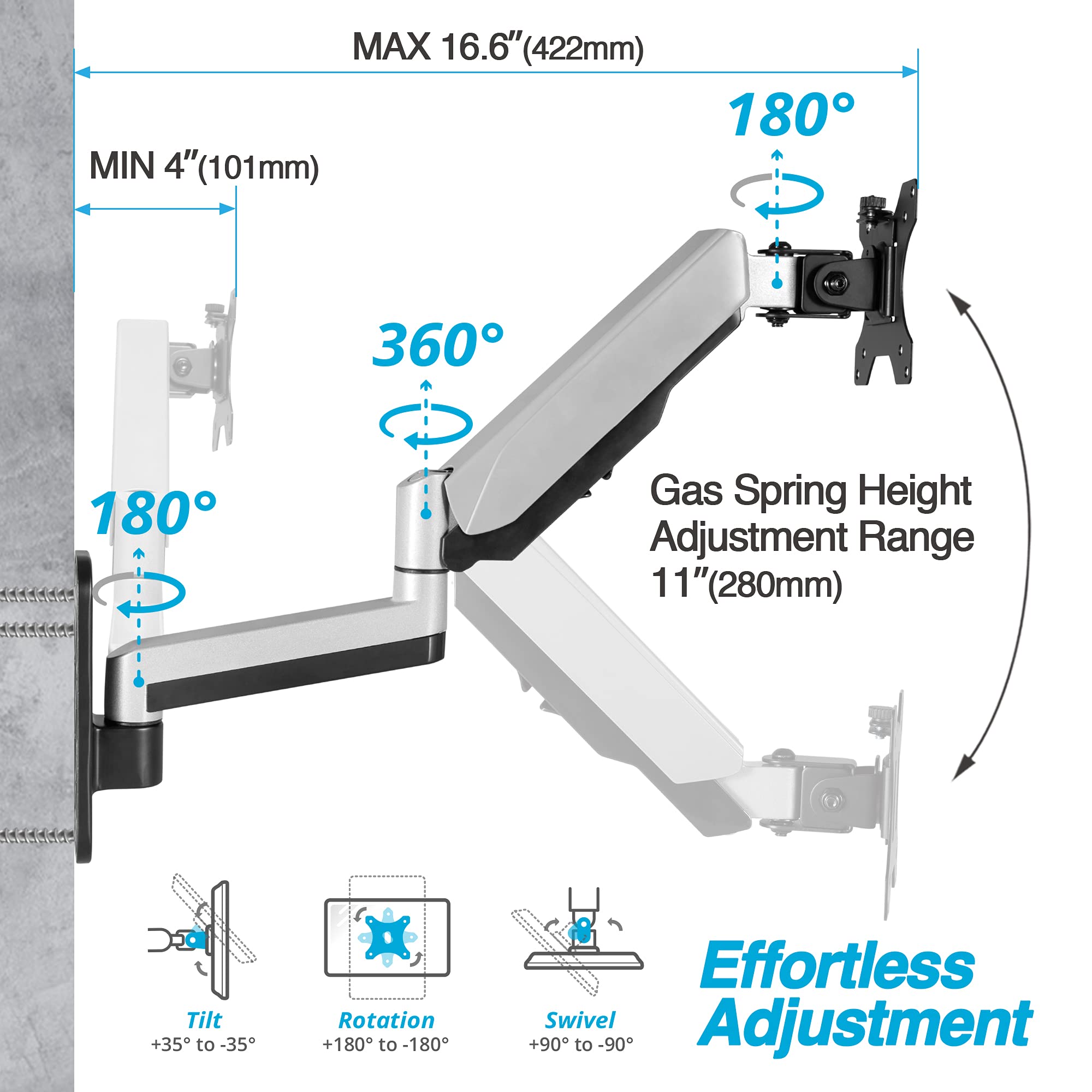 Avlt Single Extended 13'' 32'' Monitor Wall Mount Fits Flat/Curved Computer Monitor Full Motion Height Swivel Tilt Rotation Adju