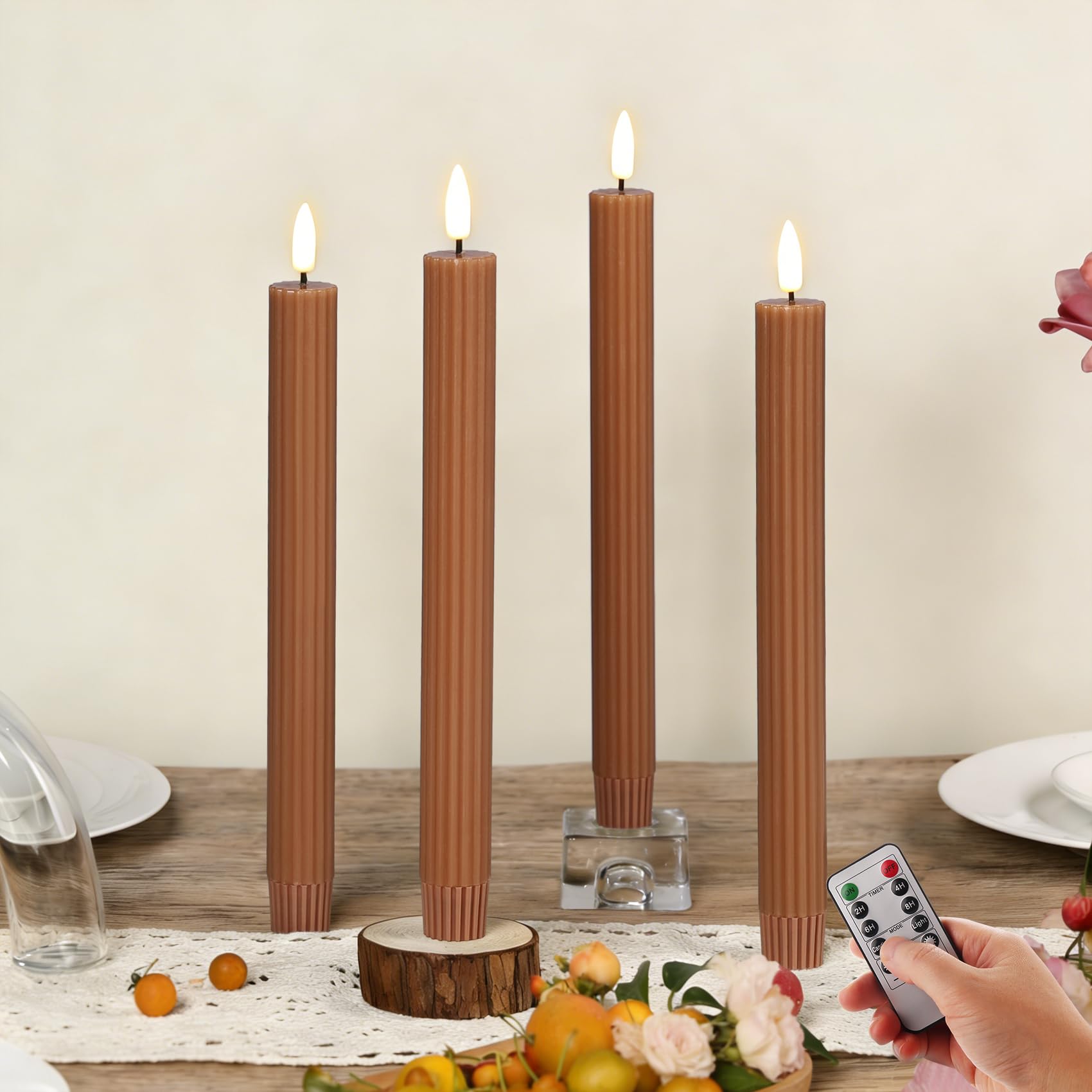 Girimax Brown Ribbed Fluted Flameless Taper Candles with Remote, Flickering Battery LED Wax Candlesticks Wedding Table Decor Set