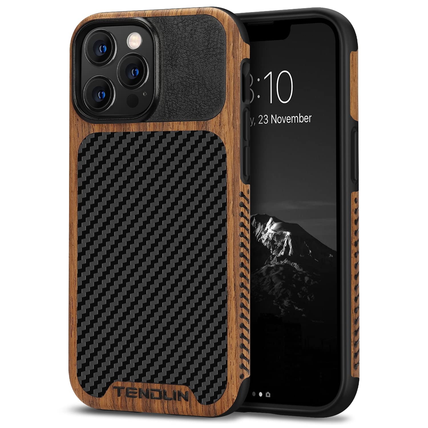 Tendlin Compatible With Iphone 13 Pro Case Wood Grain With Carbon Fiber Texture Design Leather Hybrid Case Compatible For Iphone