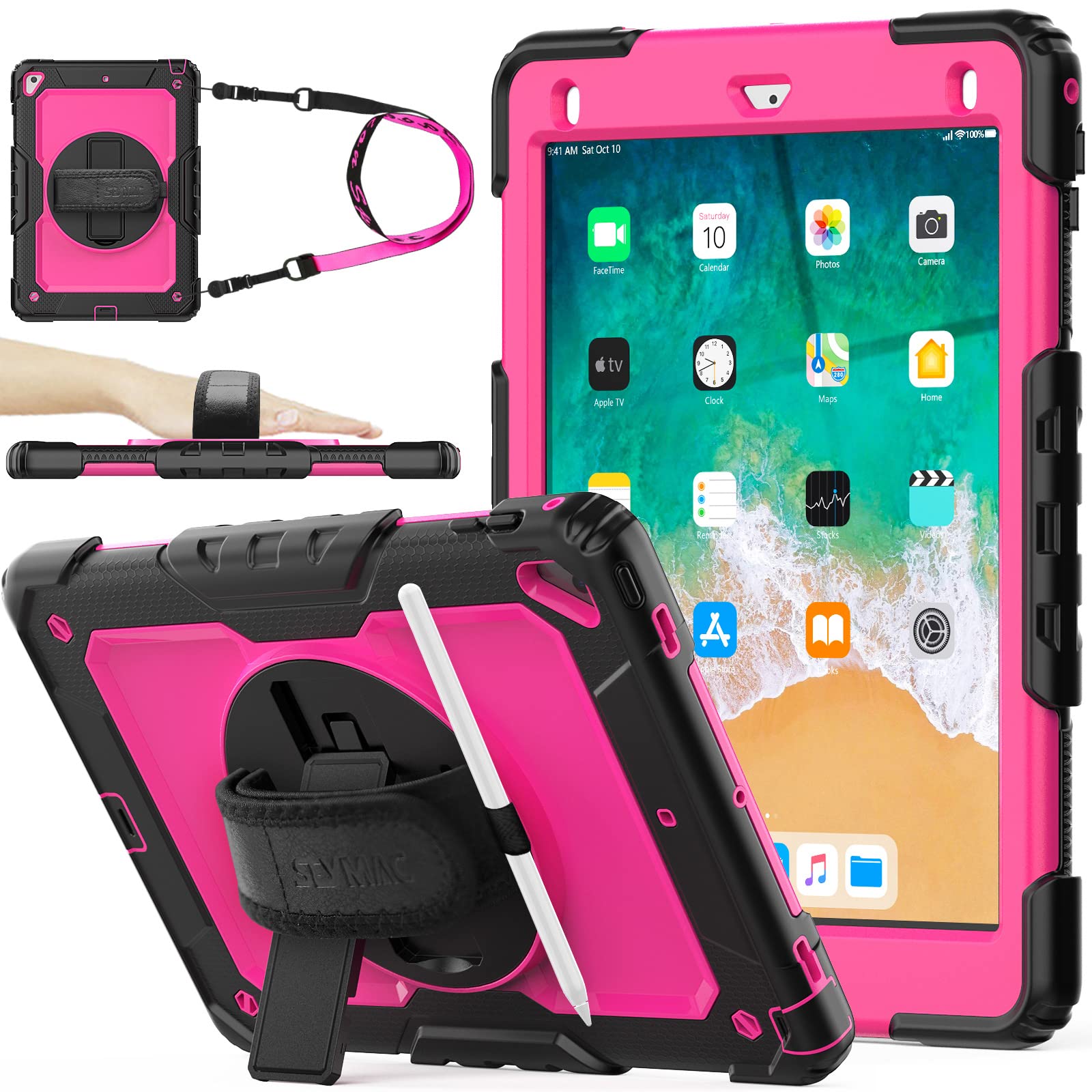 Seymac Stock Case For Ipad 6Th/5Th Generation Case 9.7'' With Screen Protector Pencil Holder [360 Rotating Hand Strap] &Stand, D