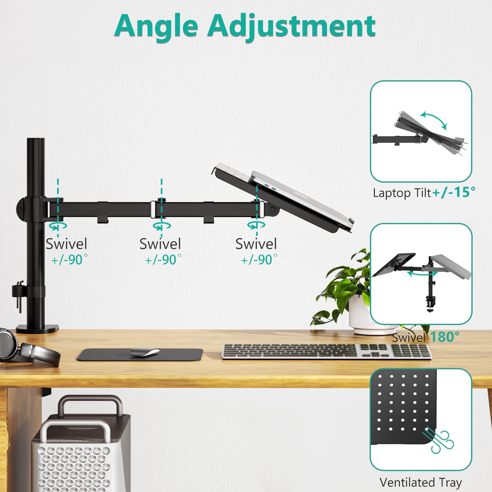 Wali Laptop Tray Desk Mount For 1 Laptop Notebook Up To 17 Inch, Fully Adjustable, 22 Lbs Capacity With Vented Cooling Platform