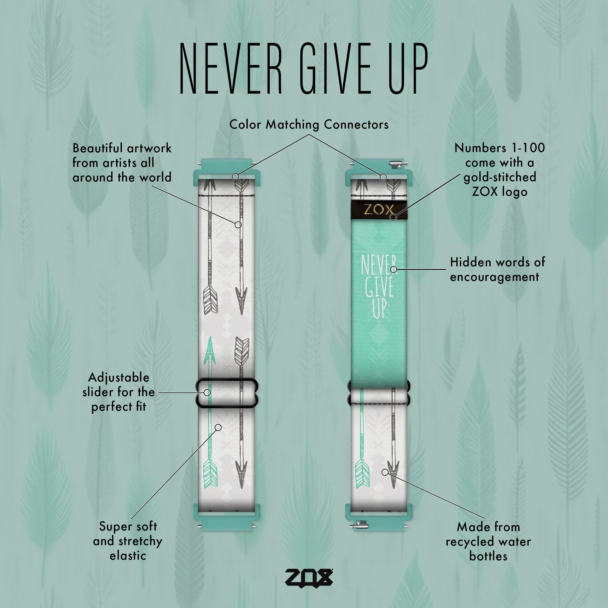 Zox Android Smart Watch Band - Never Give Up | Soft, Adjustable Elastic Band With Motivational Affirmations And Beautiful Artwor