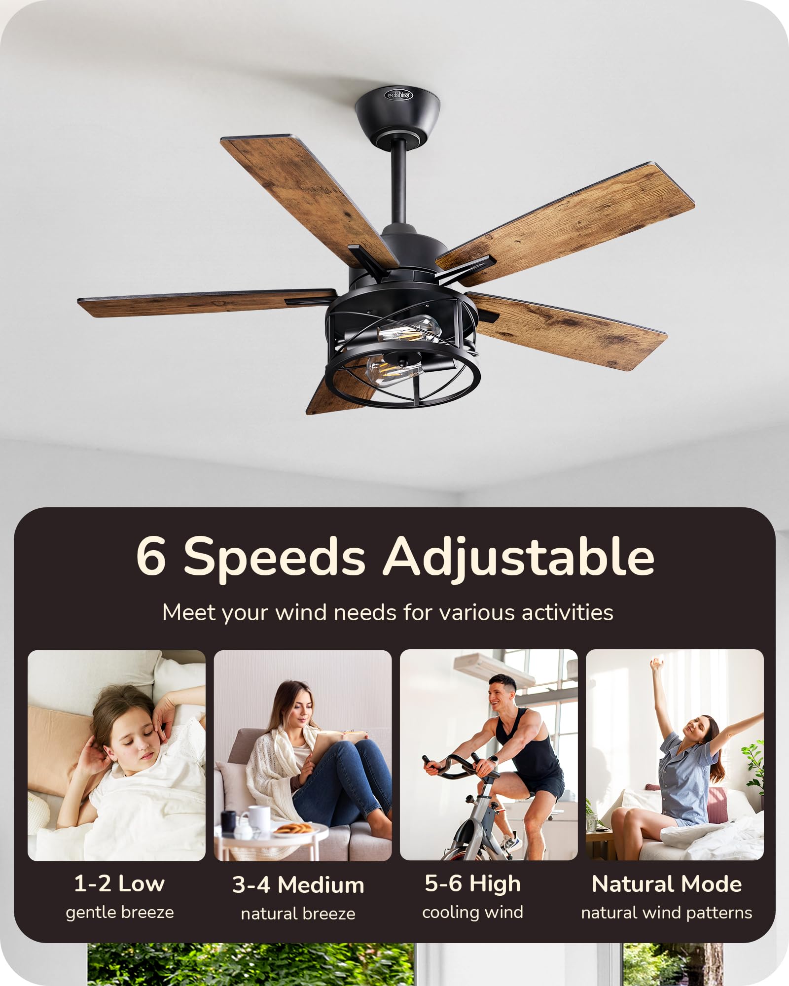 Edishine 42 Farmhouse Ceiling Fans With Lights, Remote Control, Dimmable, 6 Speeds, 5 Wood Blades, Dc Reversible Motor, Timer, N