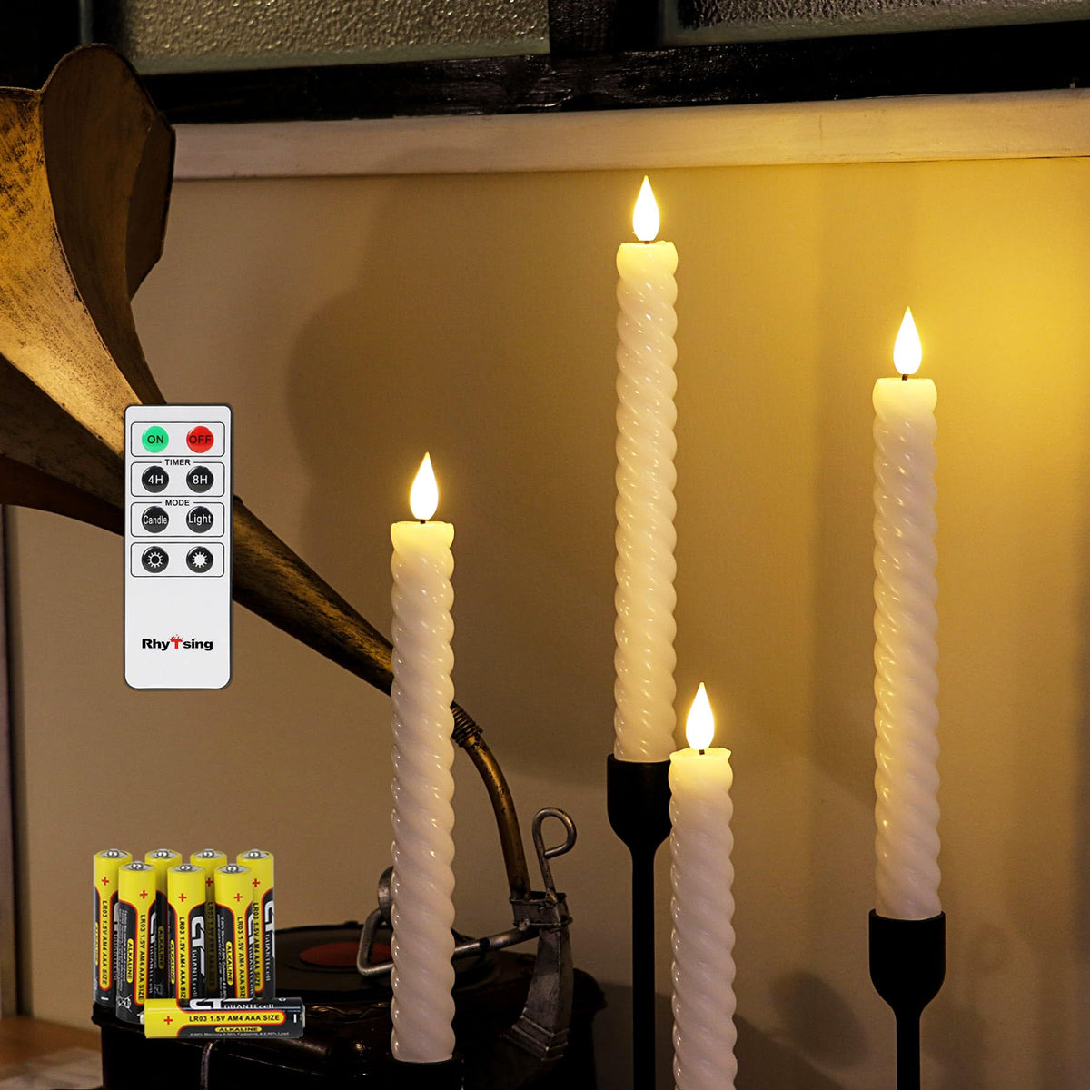 Rhytsing 10 White Flameless Twist Taper Candles With Timer, Battery Operated Spiral Candlesticks, Warm White Light, Remote & Bat