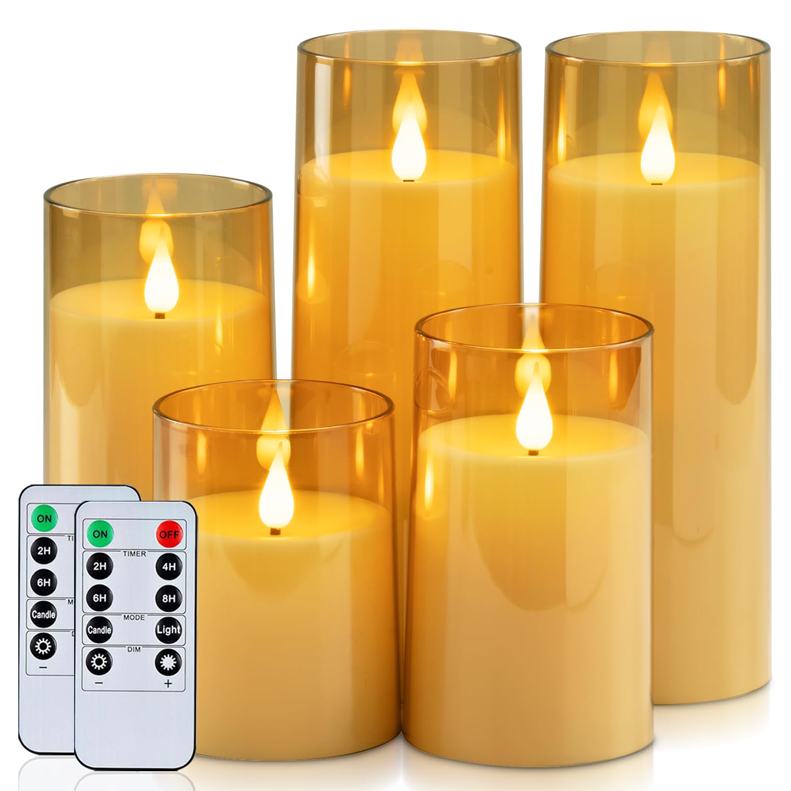 Homemory Amber Flickering Flameless Candles, Battery Operated Acrylic Led Pillar Candles With Remote Control And Timer, Set Of 5