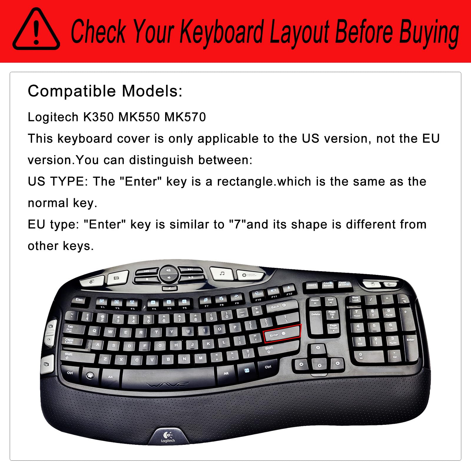 Premium Ultra Thin Silicone Keyboard Protector,Compatible With Logitech Mk570 Mk550 K350 Ergonomic Wireless Keyboards,Us Layout,