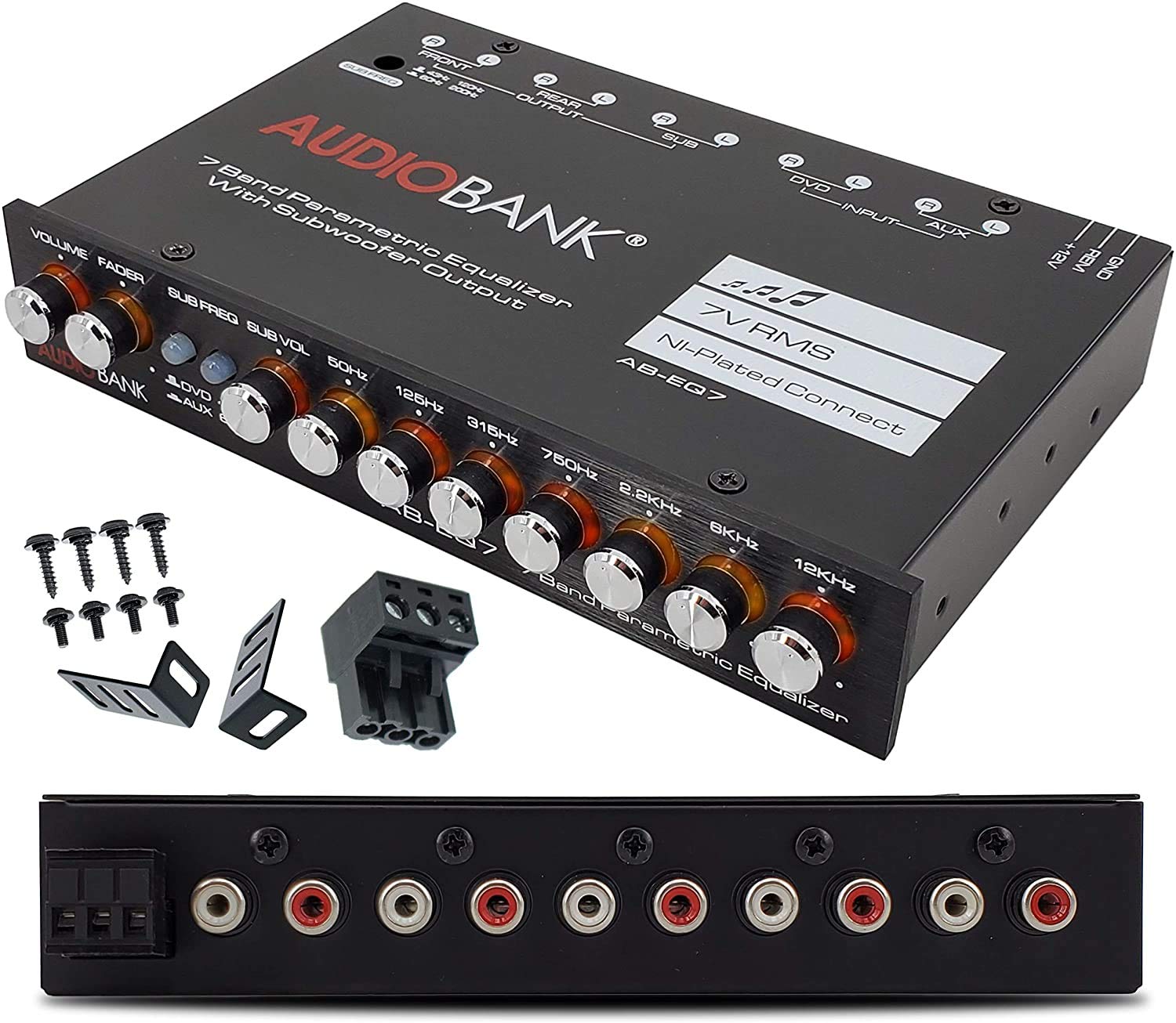 Audiobank Eq7 1/2 Din 7 Band Car Audio Equalizer Eq W/Front, Rear/Frequency Adjustable /3 Rca Input For Portable Devices + Subwo