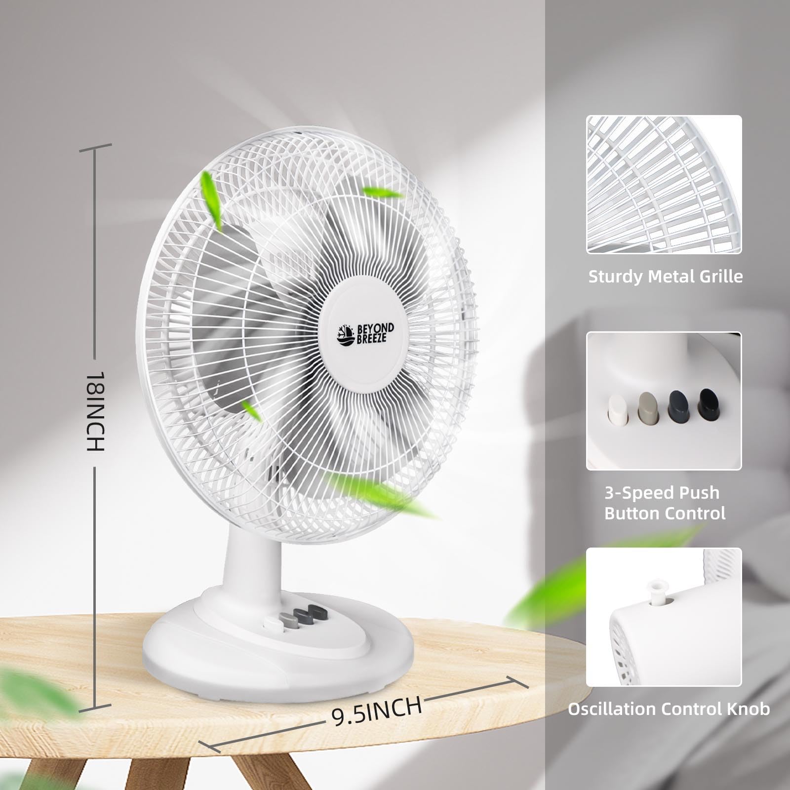 Beyond Breeze Oscillating Table Fan Quiet 3 Speed 12 Inch Adjustable Tilt Fan With Safety Grill, Ideal For Home, Office, Dorm