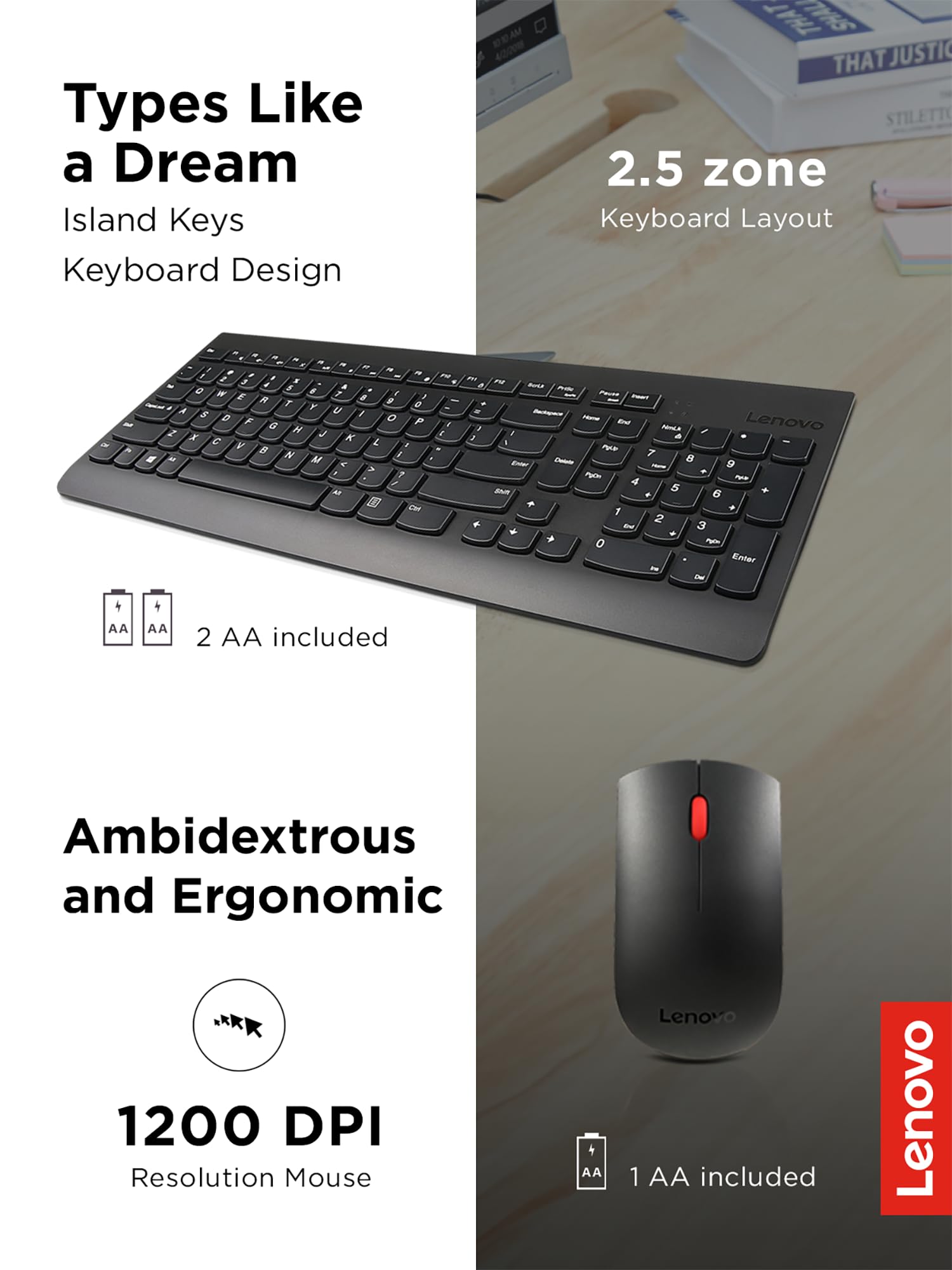 Lenovo 510 Wireless Keyboard & Mouse Combo, 2.4 Ghz Nano Usb Receiver, Full Size, Island Key Design, Left Or Right Hand, 1200 Dp