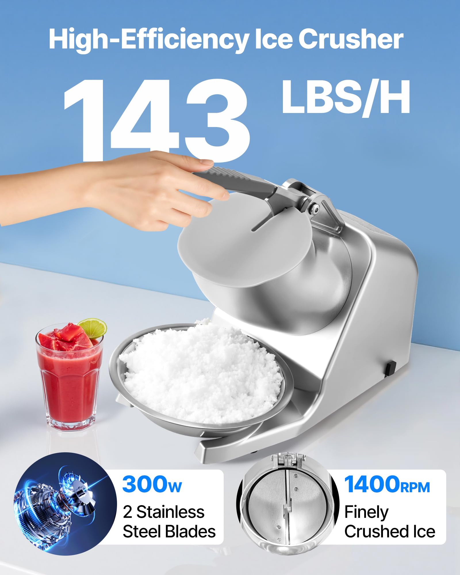 Vevor Ice Crusher Machine, 143Lbs Per Hour Electric 2 Blades Snow Cone Maker, Stainless Steel Shaved Ice Machine With Bowl And C
