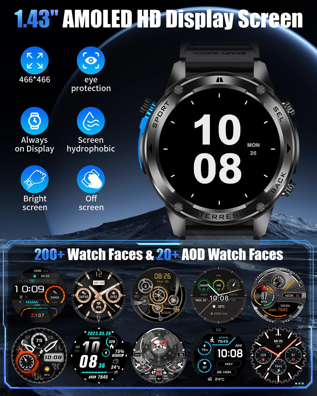 Podoeil Military Smart Watch For Men With Gps, 1.43 Amoled Smart Watch With Bluetooth Call, 5Atm Waterproof, 170+ Sports Modes,