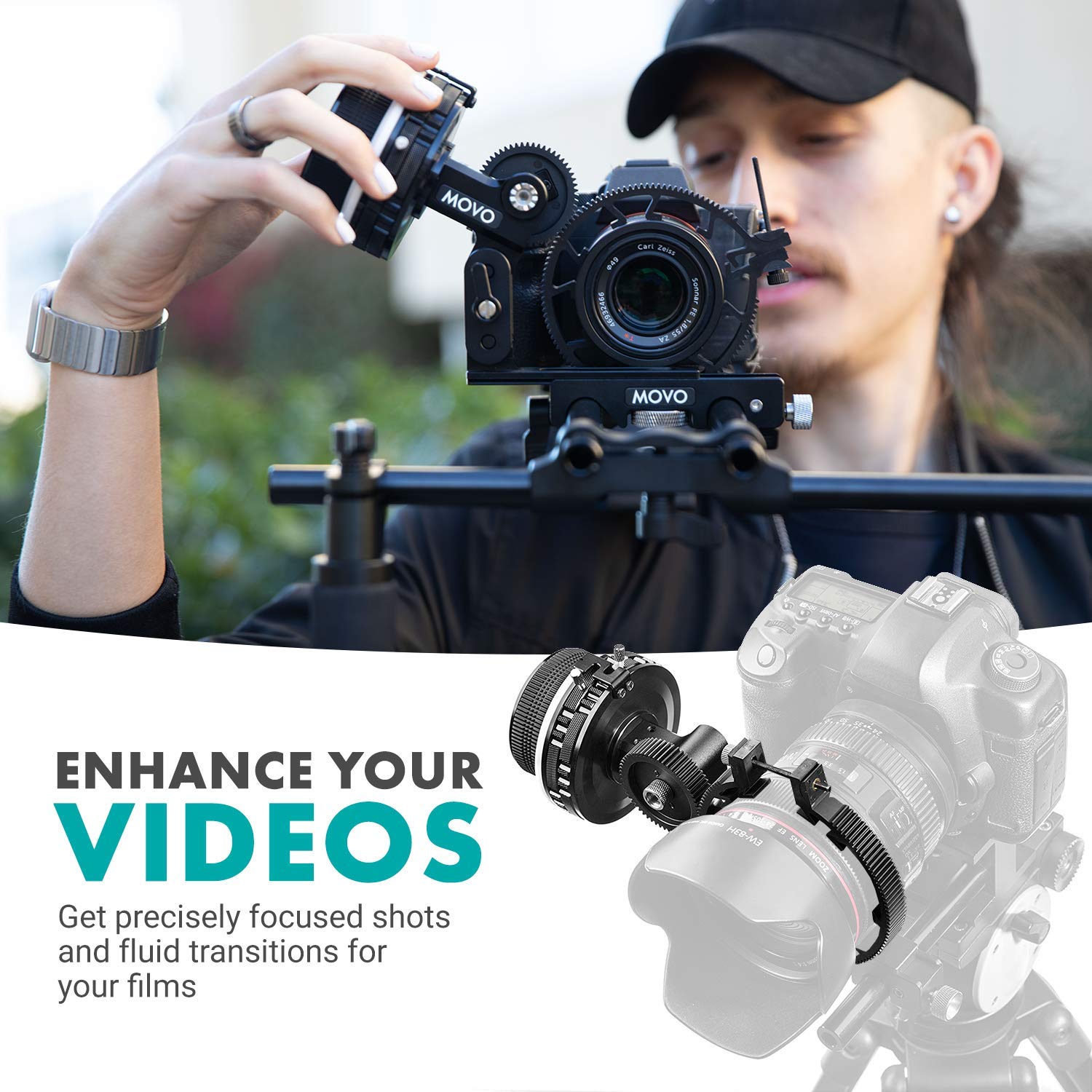 Movo F2X Precision Follow Focus System With Hard Stops And 65Mm, 75Mm, 85Mm Adjustable Gear Rings