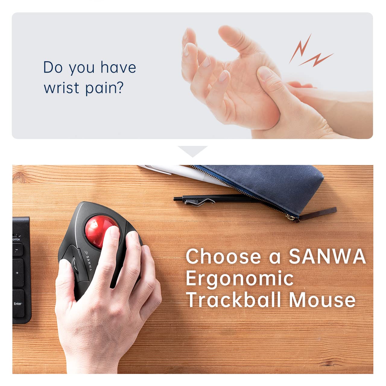 Sanwa Wired Ergonomic Trackball Mouse, Optical Rollerball Mice, Programmable Silent Buttons, 44Mm Trackball, 600/800/1200/1600 Adjustable Dpi, Compatible With Macbook, Laptop, Windows, Macos