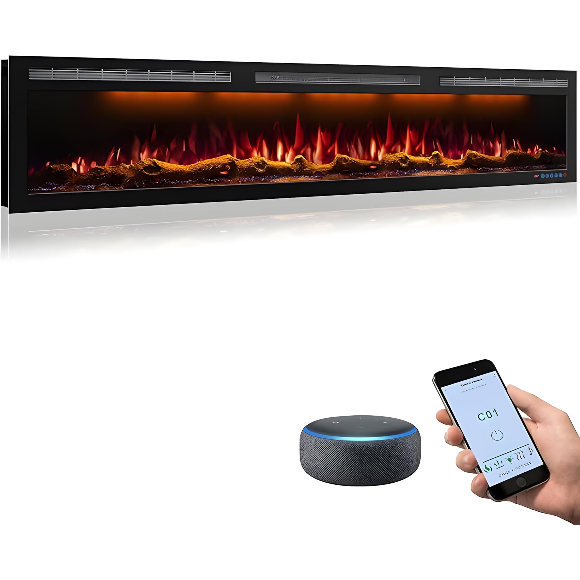 Mystflame 72 Inch WiFi-Enabled Electric Fireplace Inserts & Wall Mounted, Slim Electric Fireplace Heater, 750/1500w, Adjustable 
