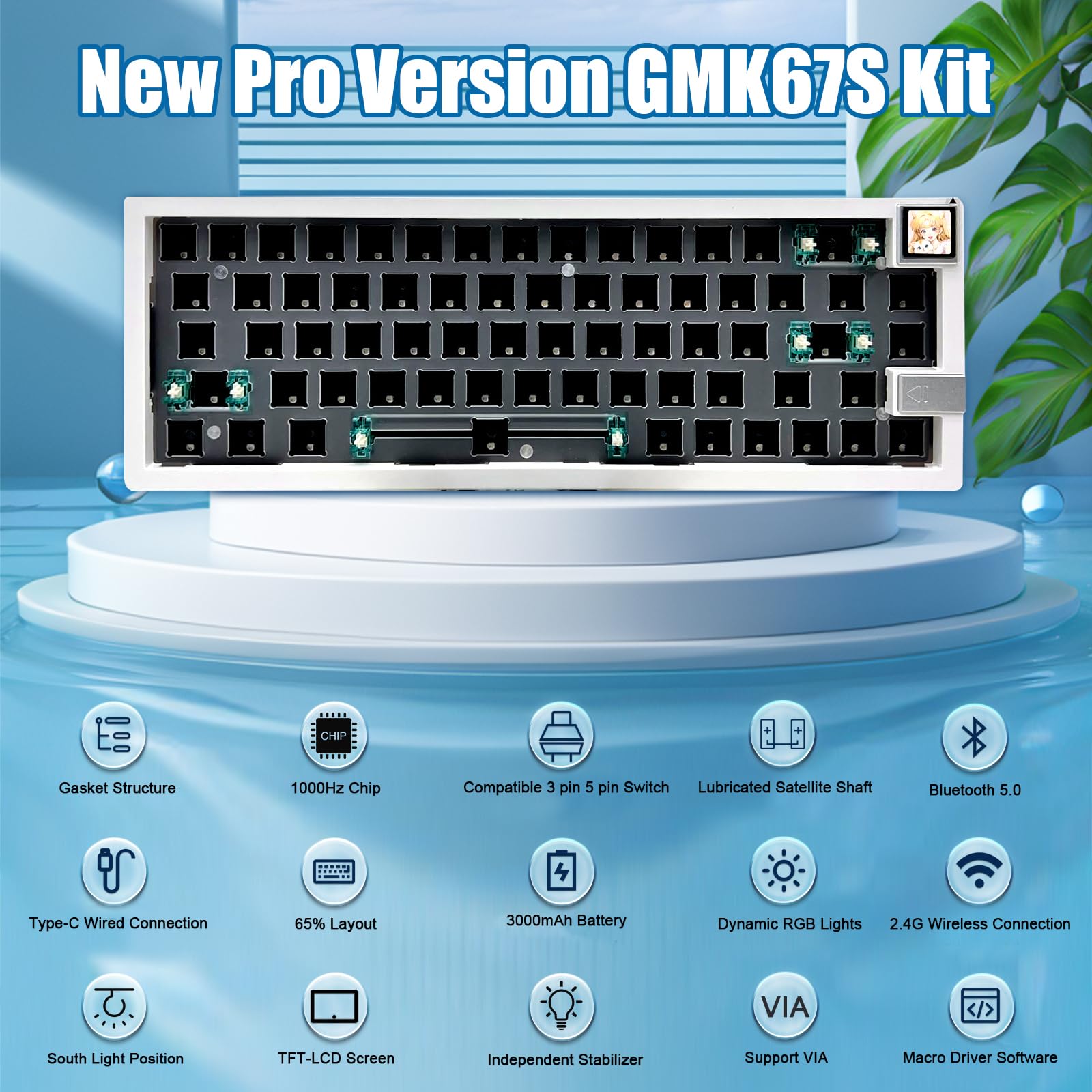 Boyi Gmk67S 65% Keyboard Kit With Tft Lcd Screen,Hot Swap Bt5.0/2.4G/Type C Tri Mode Wireless Gasket Structure Kit Rgb Mechanica