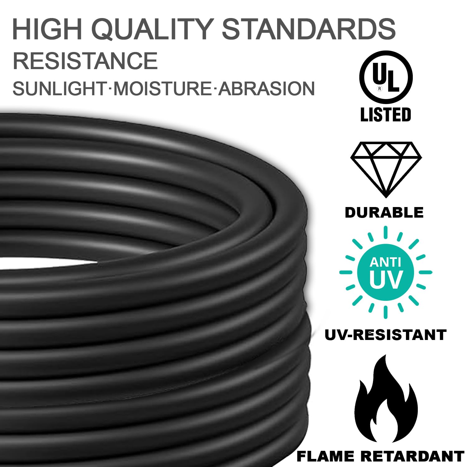 16/3 Gauge Black Outdoor Extension Cord 50 Ft Waterproof With Lighted Indicator, Cold Weatherproof  40C, Flexible 3 Prong Extens