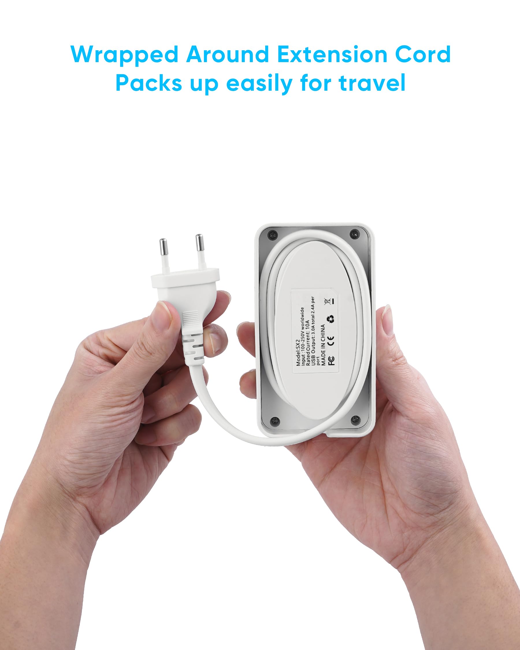 Kakyanill European Travel Plug Adapter, Type E F Plug Adapter, 6 Ac Outlets, 4 Usb Ports (2 Usb C), 3Ft Wrapped Around Extension