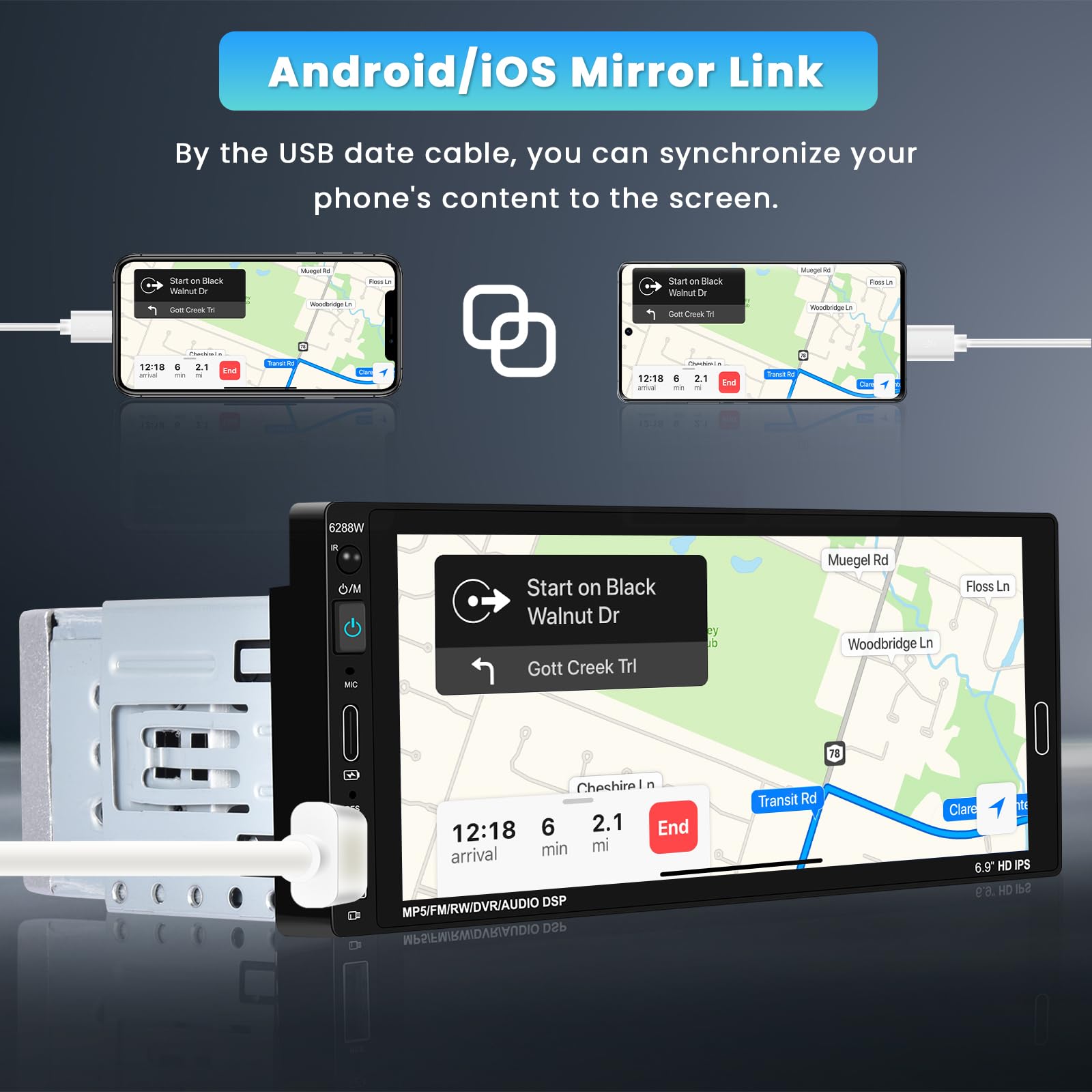 Inefala Upgrade Wireless Single Din Car Stereo With Carplay Android Auto, Type C & Usb Port, Bluetooth 5.0, Mirror Link, 6.9'' H