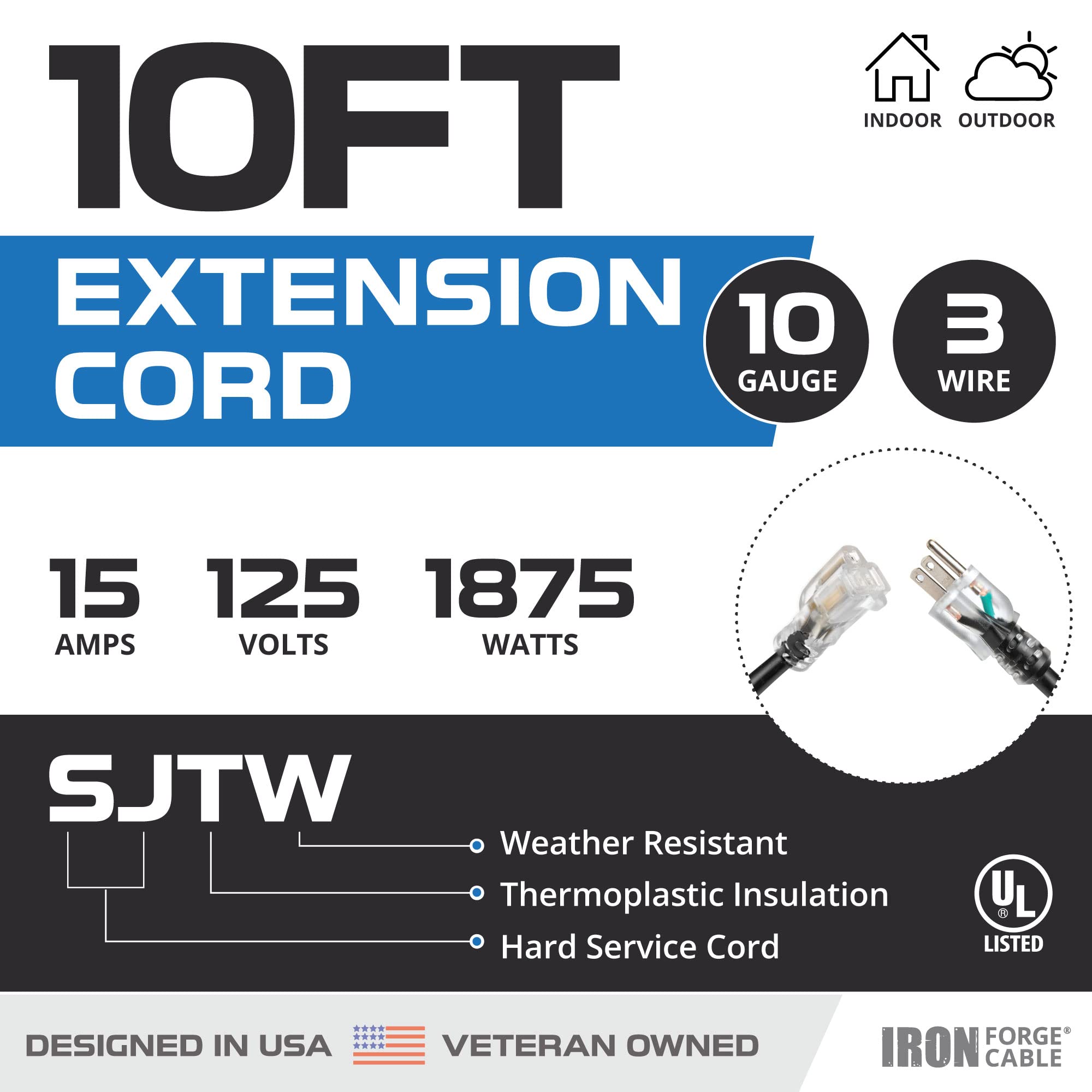 Iron Forge Cable 10 Gauge Extension Cord 10 Ft, 10/3 Heavy Duty Extension Cord 10 Foot 3 Prong Lighted End, Sjtw Weatherproof Bl