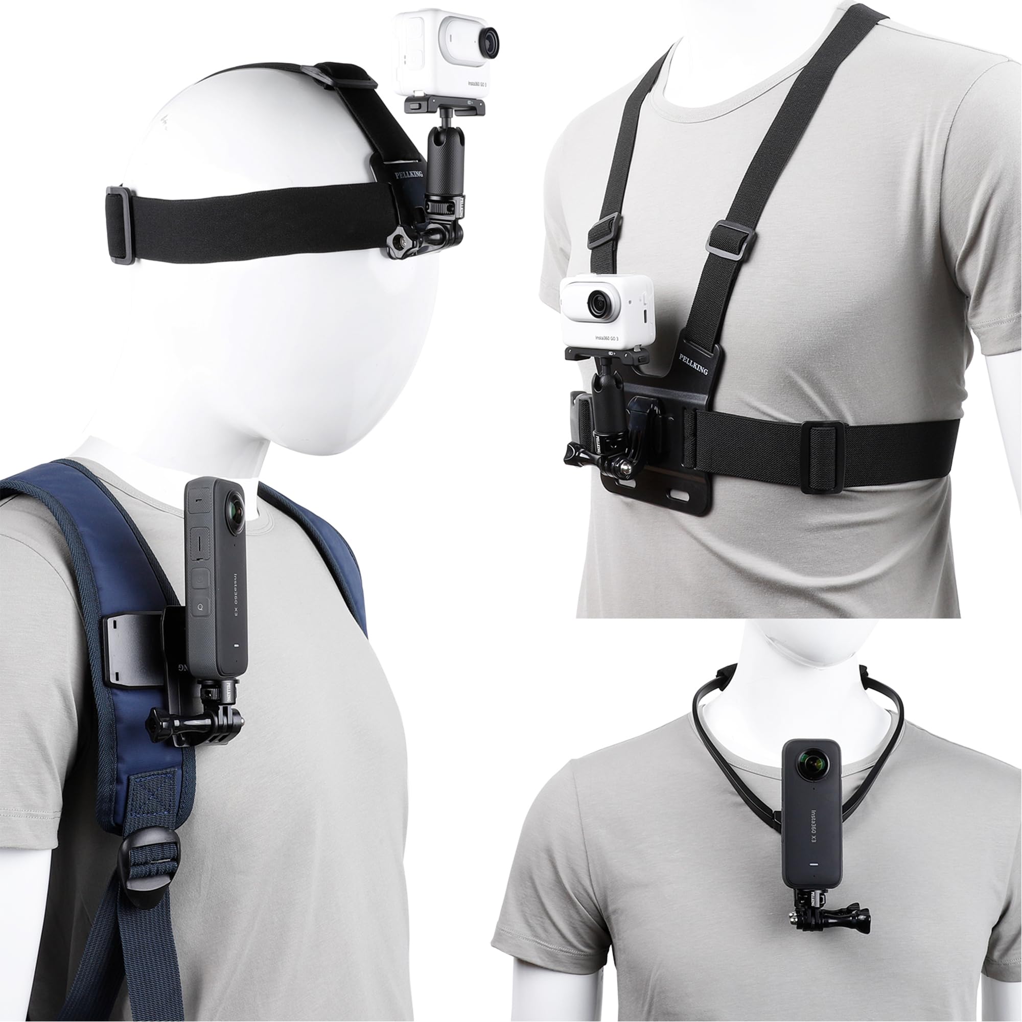 Pellking Accessories Kit For Insta360 X4 Go 3S One X3 X2 X Rs R, 4In1 Chest Strap Mount Harness/Head Mount/Neck Holder/Backpack Strap Mount For Insta 360 Gopro Dji Action Camera