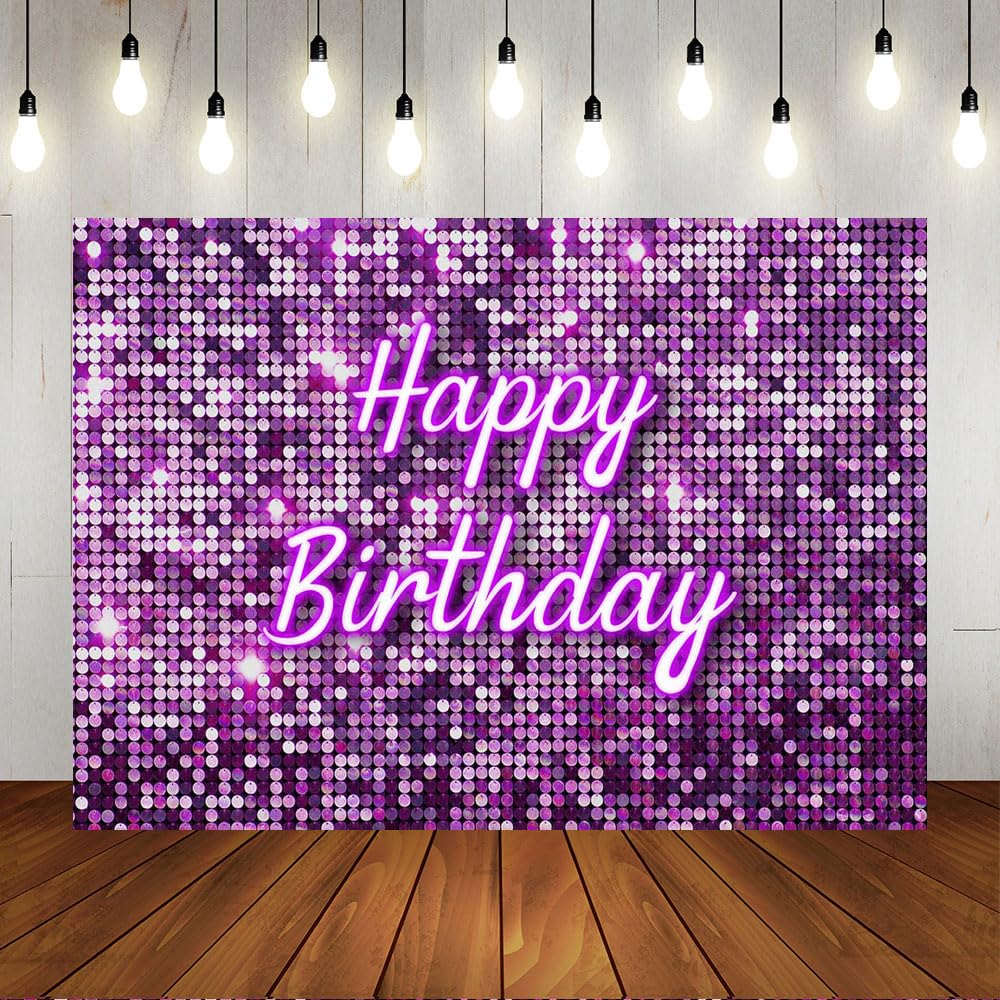 Lofaris Purple Flash Square Backdrop Happy Birthday Shinning Sequin Wall Panels Shimmer Wall Sweet 16 Girl Woman 20Th 30Th 40Th