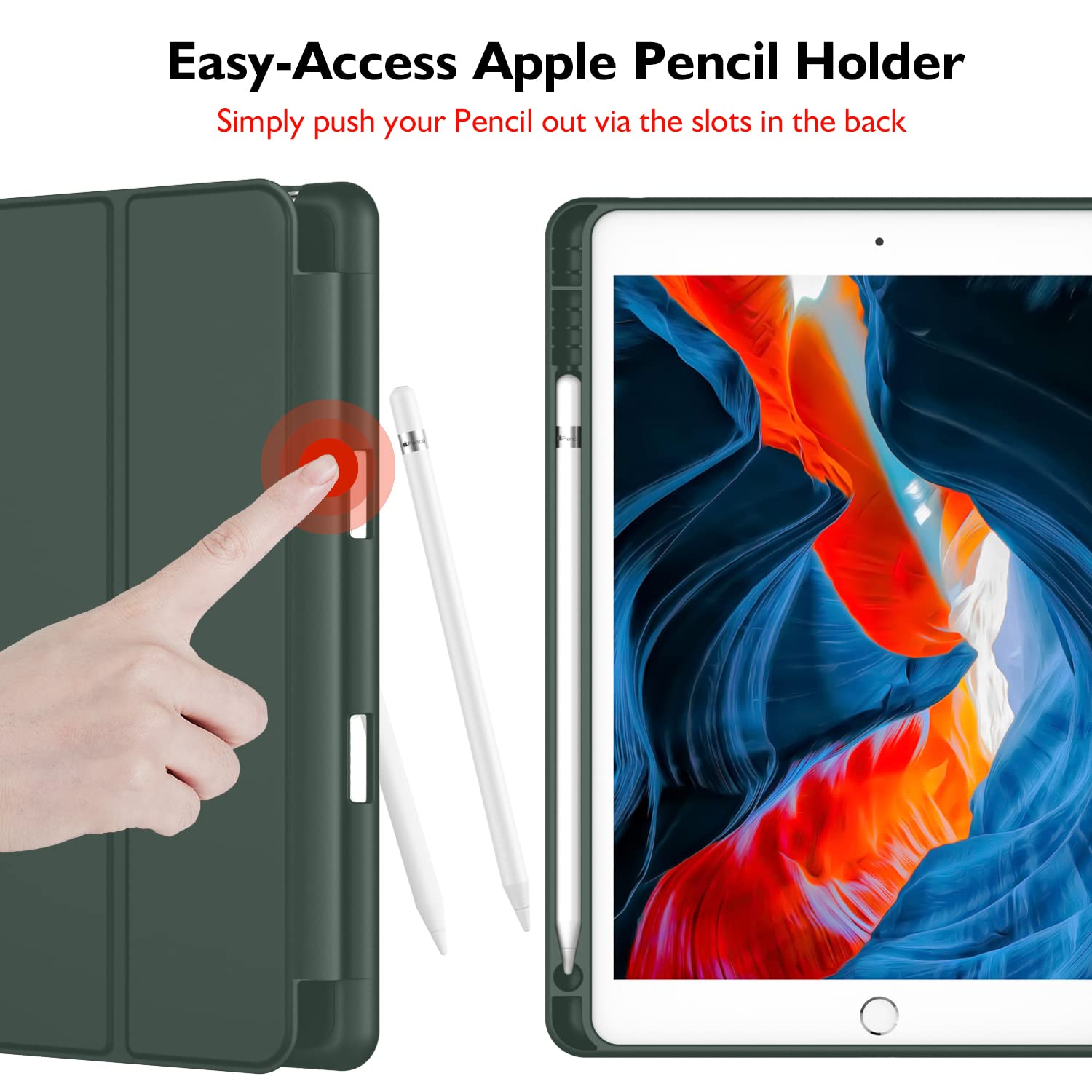 Imieet Ipad 9Th Generation Case 2021/Ipad 8Th Generation Case 2020 10.2 Inch With Pencil Holder, Ipad 7Th Gen 2019 Case With Soft Baby Skin Silicone Back, Auto Wake/Sleep Cover(Dark Green)