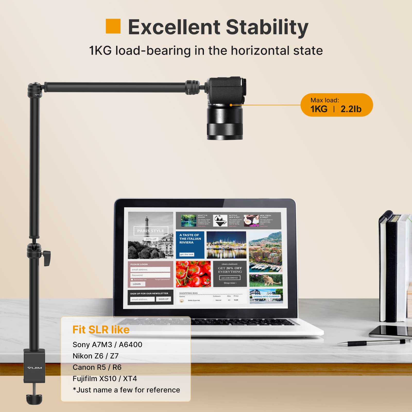 Vijim Ls08 Flexible Overhead Camera Mount Desk Stand, Webcam Stand Microphone Boom Arm Tabletop Photography Videography Live Stream Table Clamp Mount