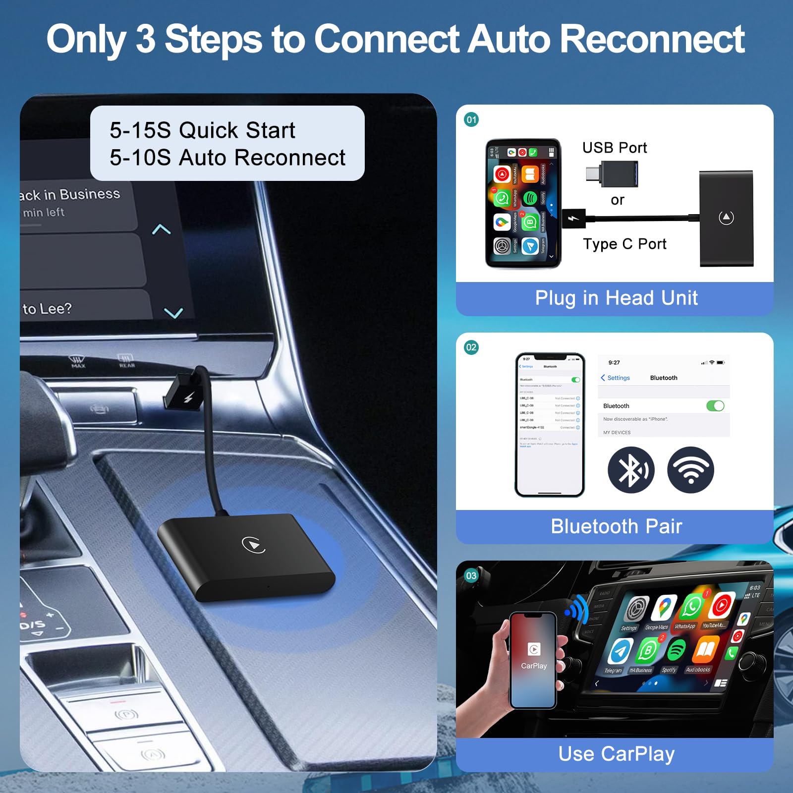 Carplay Wireless Adapter, Converts Factory Wired Carplay To Wireless, 2024 Upgrade Wireless Carplay Adapter For Cars From 2015 &