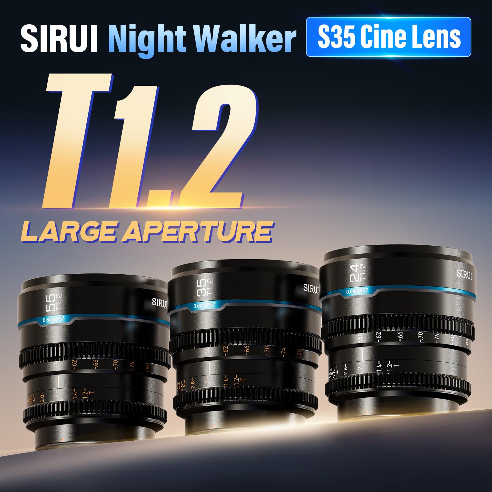 Sirui Night Walker S35 Manual Focus Cine Lens Set, 24Mm, 35Mm, 55Mm, T1.2 Large Aperture Lensfor E Mount Cameras, Fx30, Zve 10, A6500, A6600 (Ms 3Seb, Black)