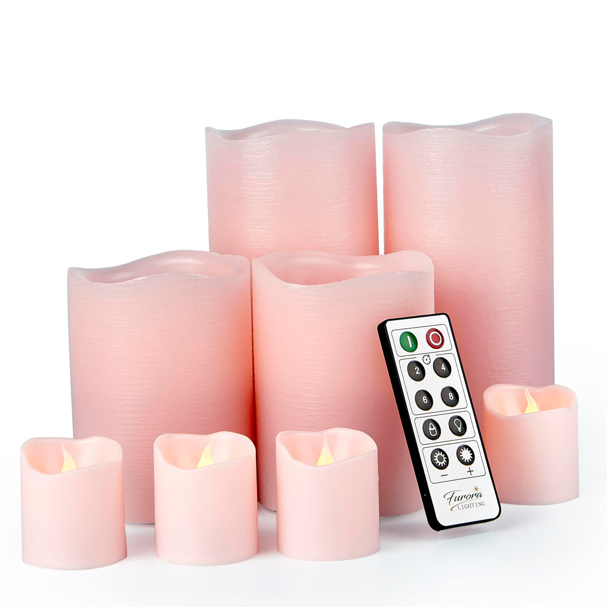 Furora Lighting Pink Real Wax Flameless Candles With Remote And Timer, 4 Pillars And 4 Votives Pack Of 8, Led Flickering Candles