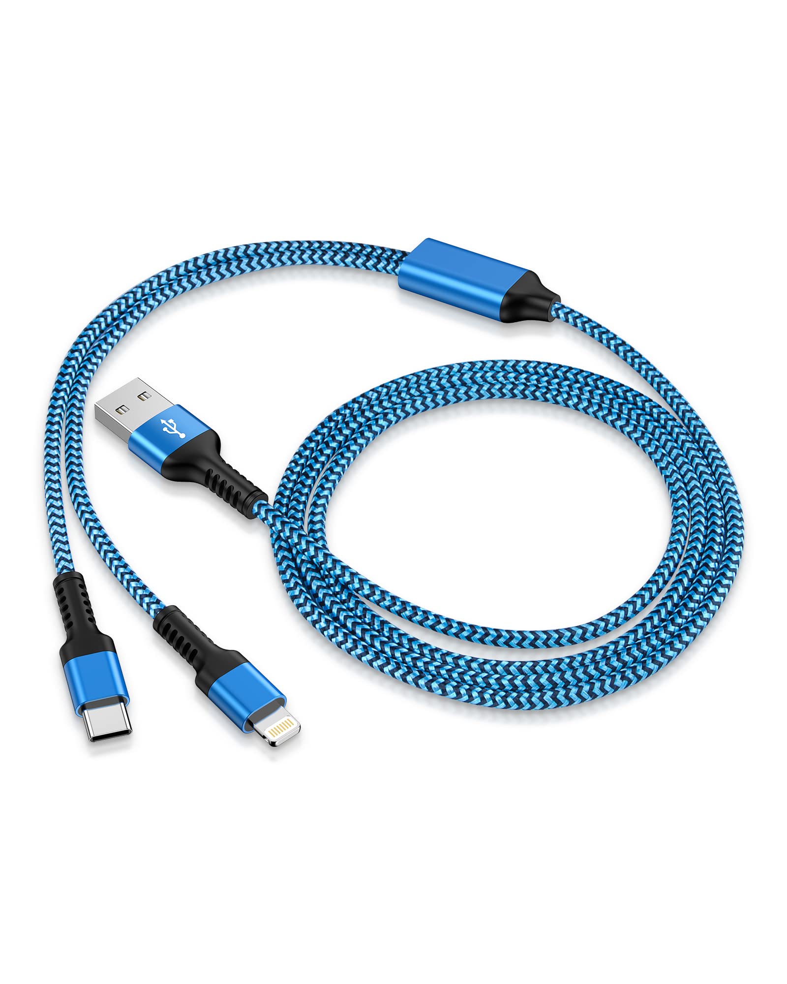 MultIi Charger Cable 2 in 1 USB C and Lightning Charging Cable, 4ft Nylon Braided Multiple USB Charging Cable with Type-C/Lightn