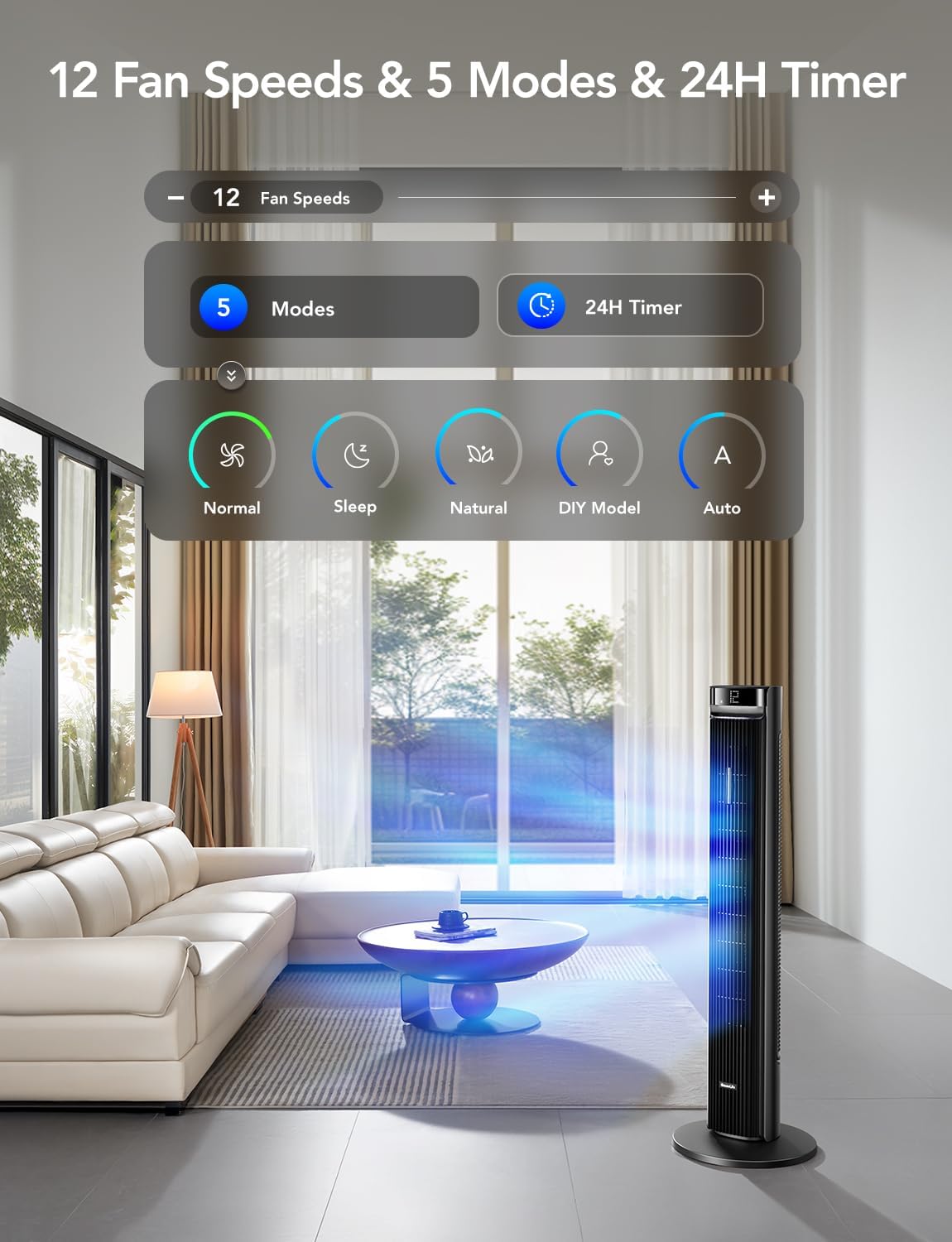 Goveelife 42'' Tower Fan For Bedroom, Smart Floor Fans With 150 Adjustable Oscillating, App & Voice Control, 5 Modes 12 Speeds U