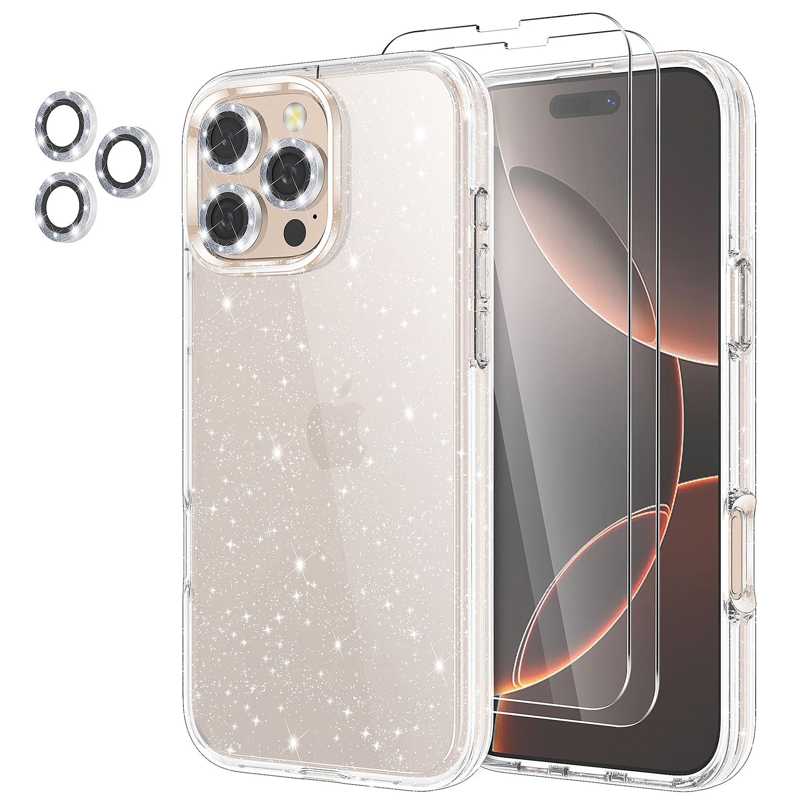 Jasmeas For Iphone 16 Pro Max Case Clear Glitter, With [2 Pack] Screen Protector & [3 Pack] Camera Lens Protector Sparkle Pc Har