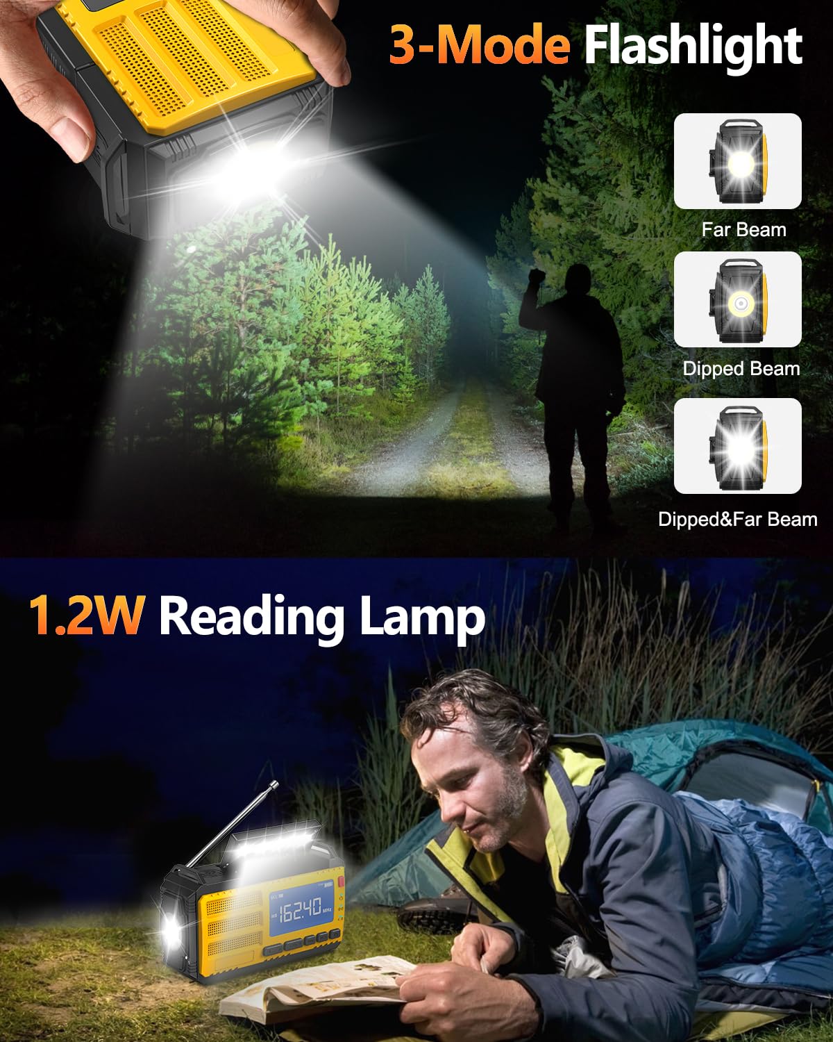 10000Mah Emergency Hand Crank Radio, Am/Fm/Noaa Weather Alert, Solar Powered, 4 Charging Methods, 3-Mode Flashlight, Reading Lam