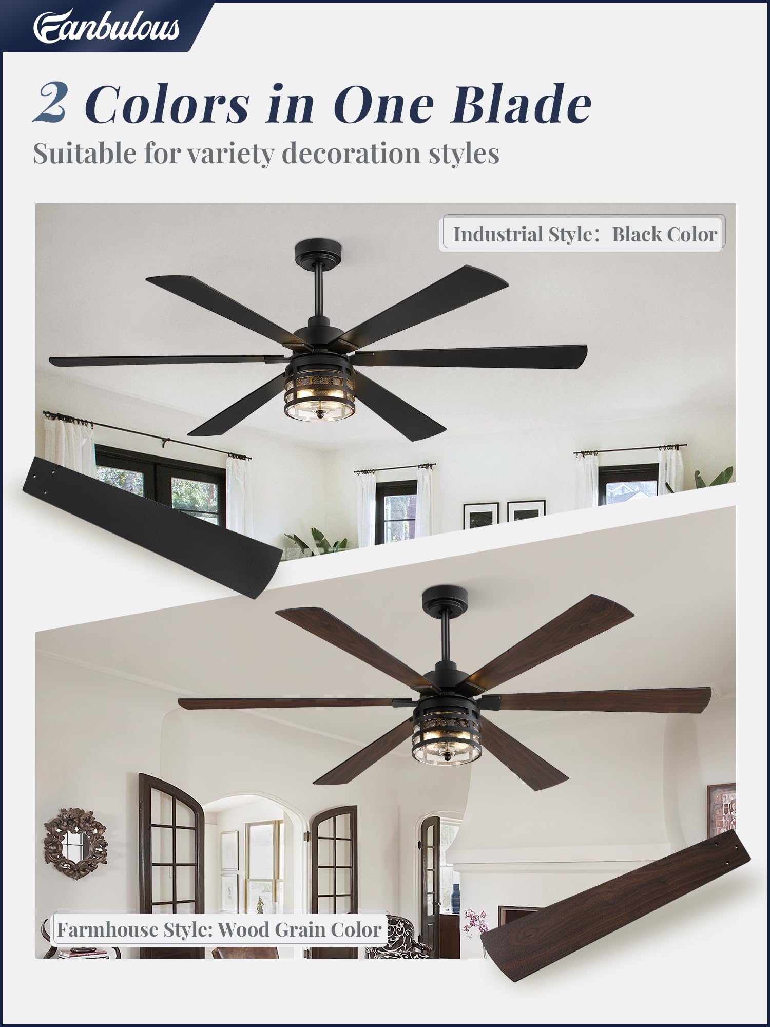 Fanbulous 65'' Farmhouse Ceiling Fans With Lights And Remote,Industrial Large Ceiling Fan With 6 Speed Reversible Dc Motor And 6