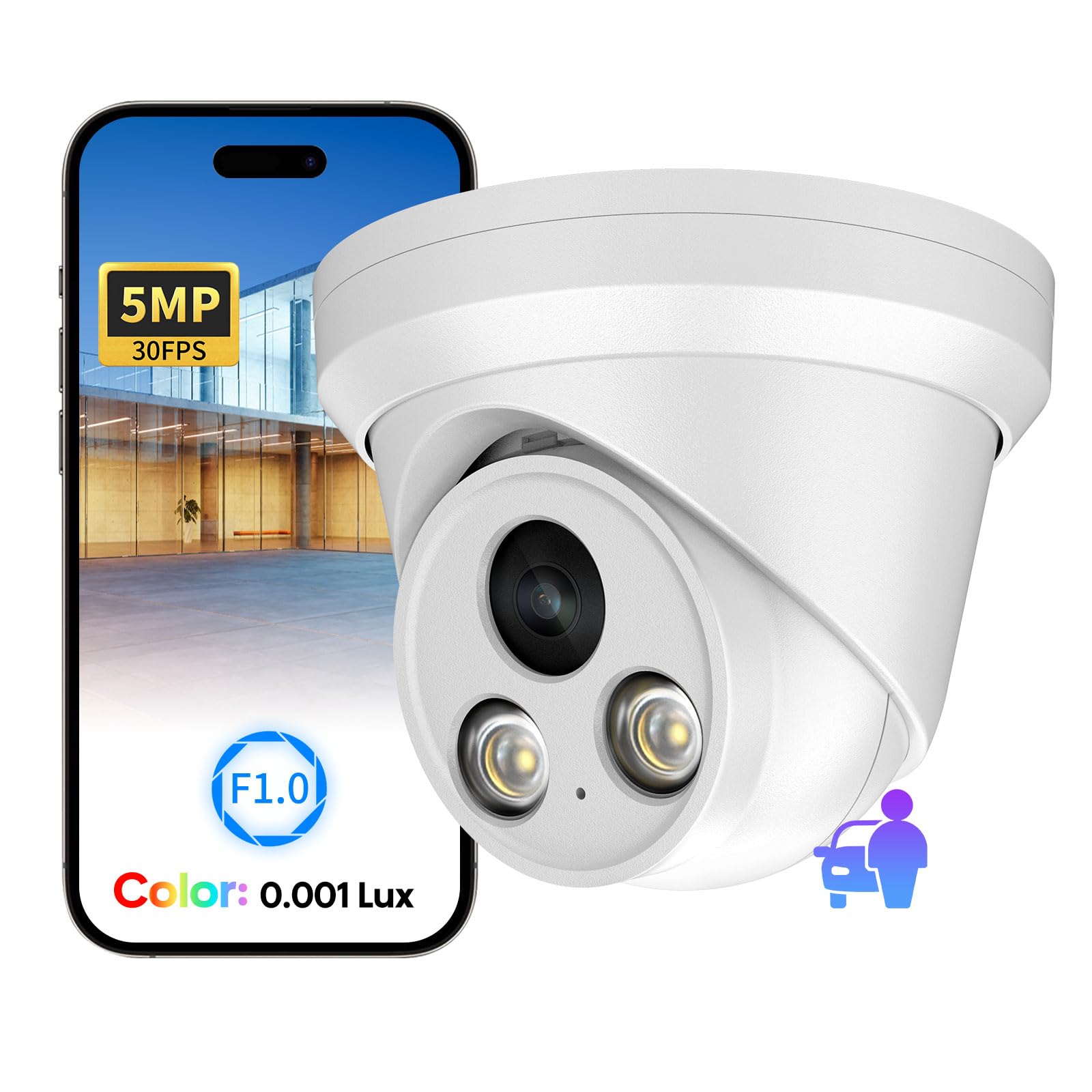 Vikylin 5Mp Full Color Poe Ip Security Camera,Ai Human/Vehicle Detection,98Ft Color Night Vision F1.0,Built In Mic, 2.8Mm Lens,I