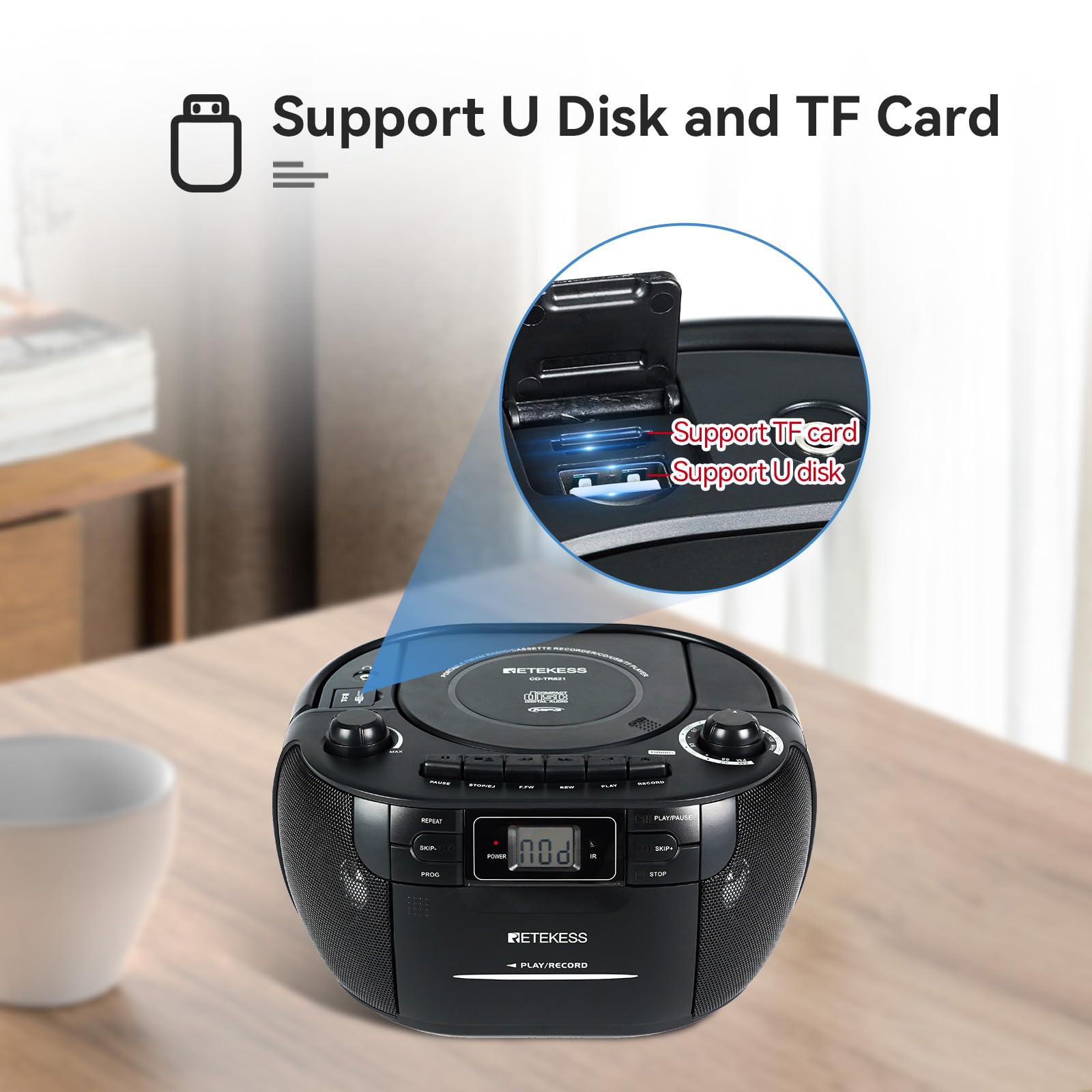 Retekess Tr621 Cd Player Boombox, Cassette Tape Player Am Fm Radio, Stereo Sound, Usb And Tf Card Playback With Remote Control,