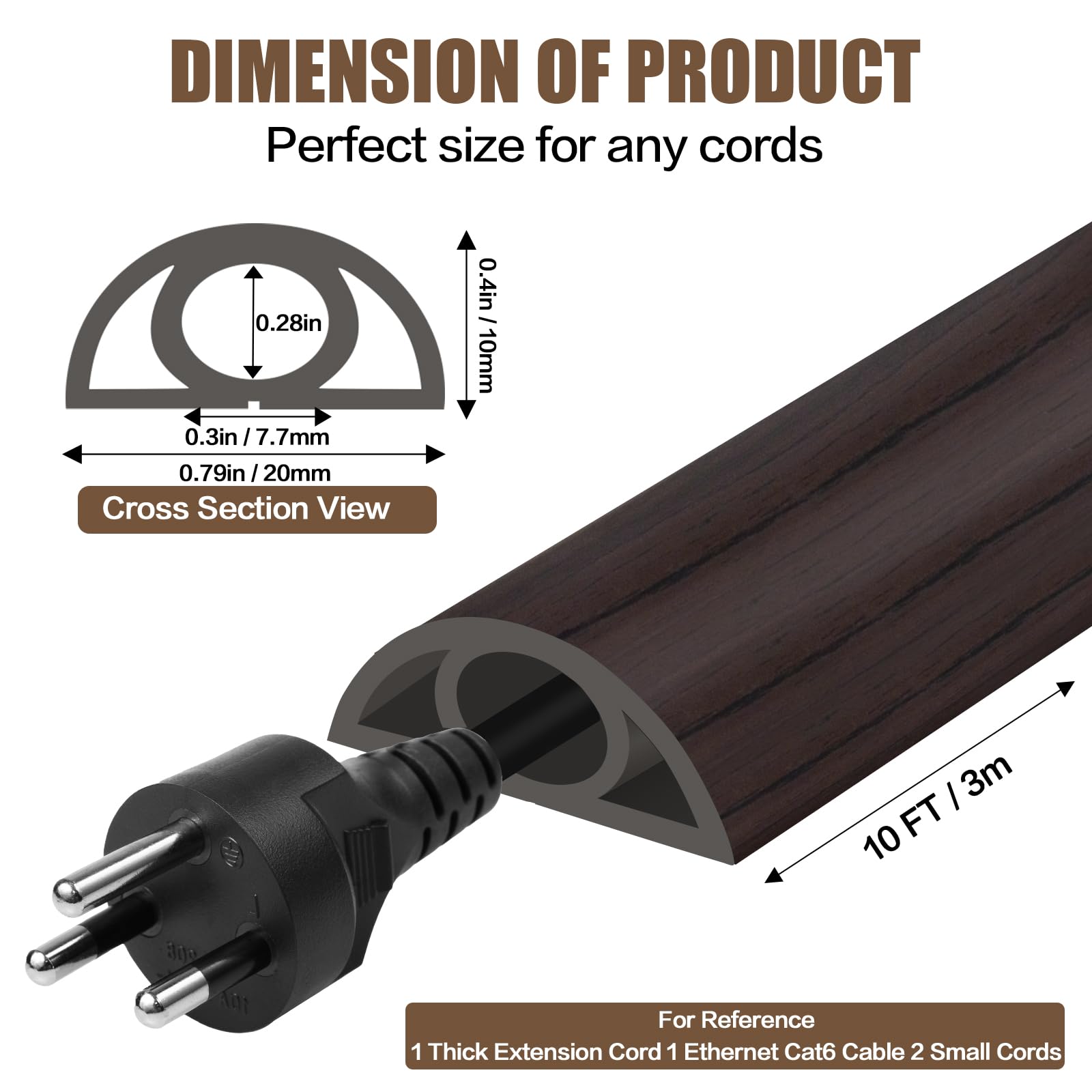 Floor Cord Cover Cable Cavity 0.3''X0.28'' Self Adhesive Cord Hider Floor 10Ft Floor Cable Management Power Cord Protector Floor