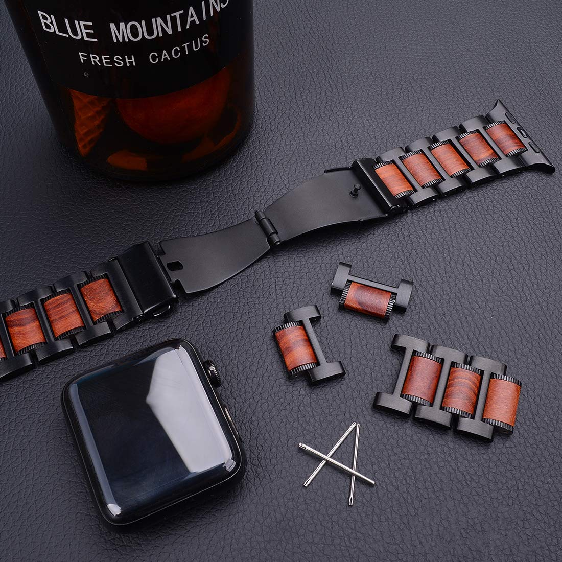 Wolait Compatible With Apple Watch Band Ultra 2 49Mm 45Mm 44Mm 42Mm, Natural Wood Red Sandalwood With Stainless Steel Metal Link