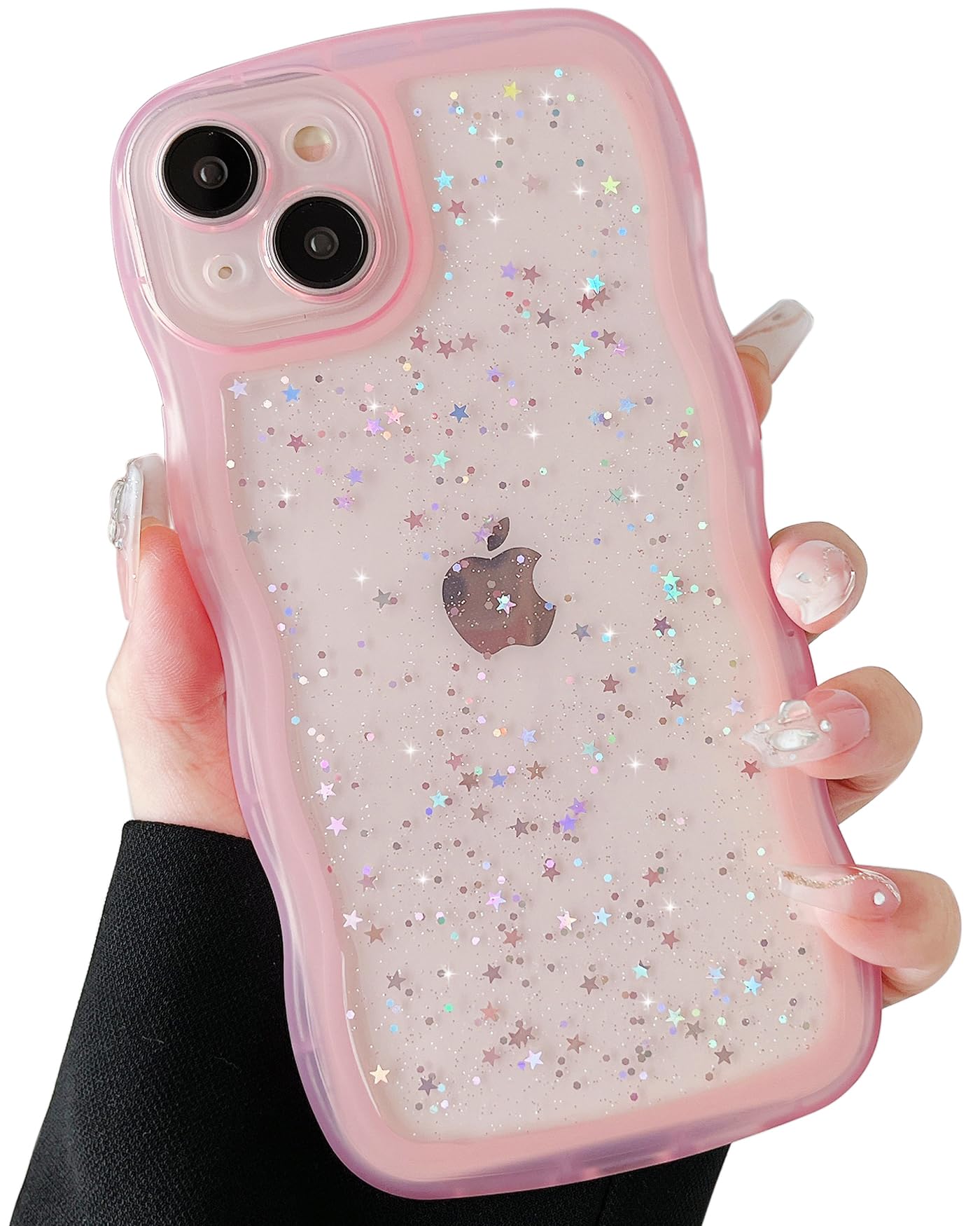 Qokey For Iphone 14 Plus Case 6.7'' Curly Wave Edge Design Transparent Bling Glitter Star Shiny Case Cute Clear Transparent Full