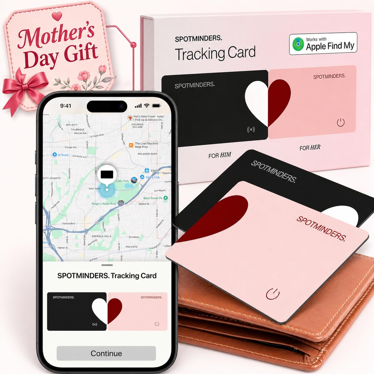 SPOTMINDERS Apple MFi Certified Wallet Tracker 2-Pack Black & Pink (iOS Only) Gifts for Mom 0.07in Works with Apple Find My Rech